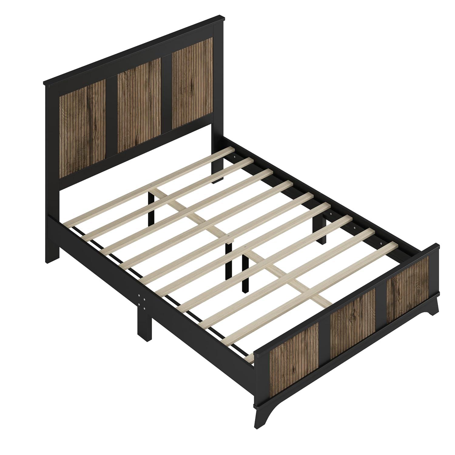 4 Pieces Bedroom Sets Queen Size Farmhouse Platform Bed with Wooden Strip Decoration, 2 Storage Nightstands and A 6-Drawer Dresser with Metal Handle for Kids Teens Adults - Black