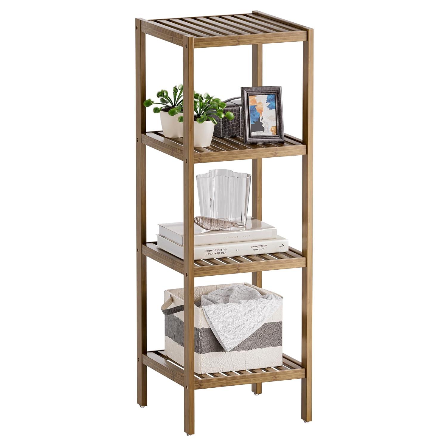Bathroom Storage Shelf, 4-Tier Bamboo Rack Organizer, Multifunctional Shelving Unit For Living Room Bedroom Kitchen (Black)