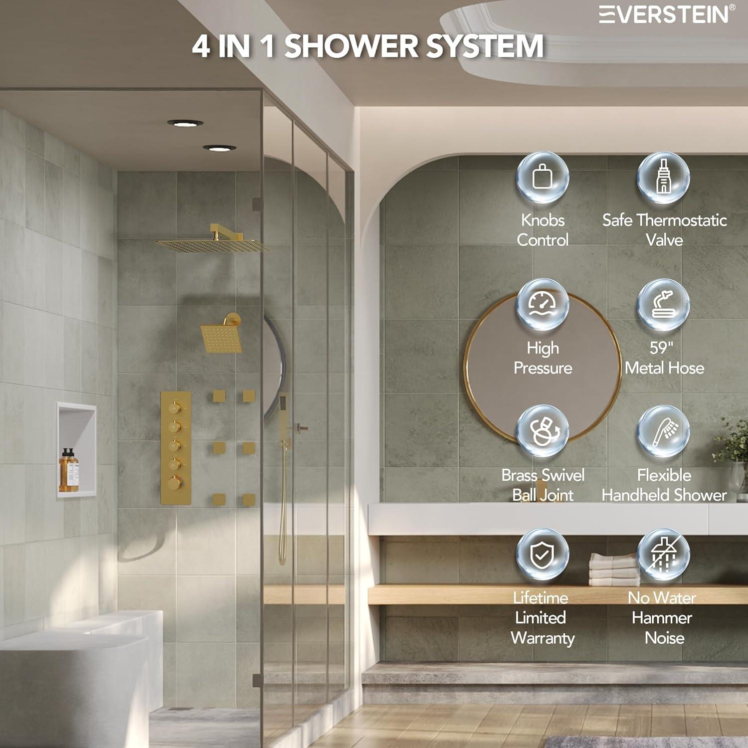 DualJetSpa 16-Inch Rainfall Shower System with Handheld Spray, Dual Showerheads, 6 Body Jets, and Thermostatic Valve