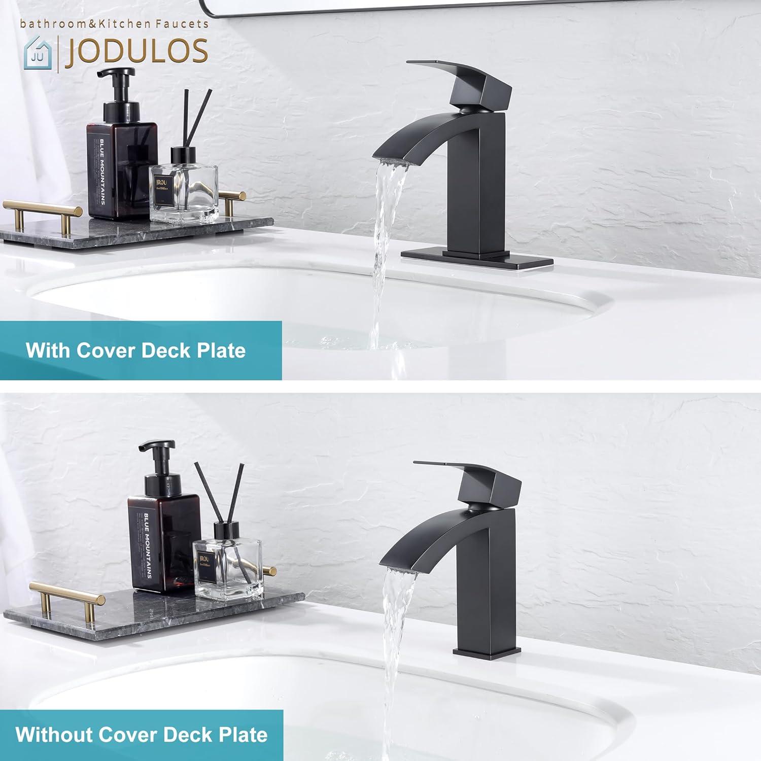 Matte Black Single Handle Waterfall Bathroom Faucet with Pop-Up Drain