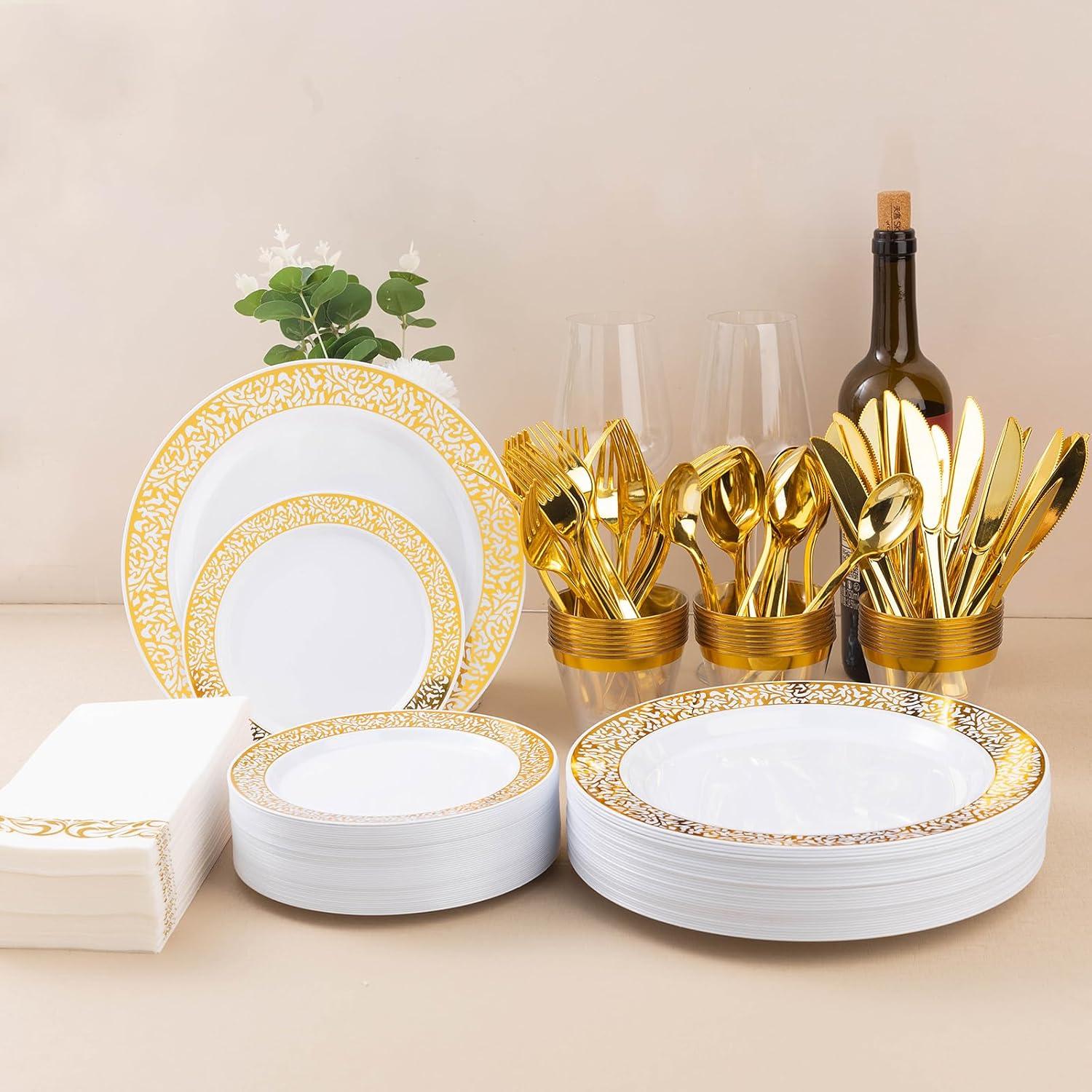 FOCUSLINE 350 Piece Gold Rim Dinnerware Set, Disposable Plastic Plates for Party or Wedding-100 Plastic Plates-50 Plastic Silverware-50 Plastic Cups-50 Linen Feel Napkins(50 Guest)