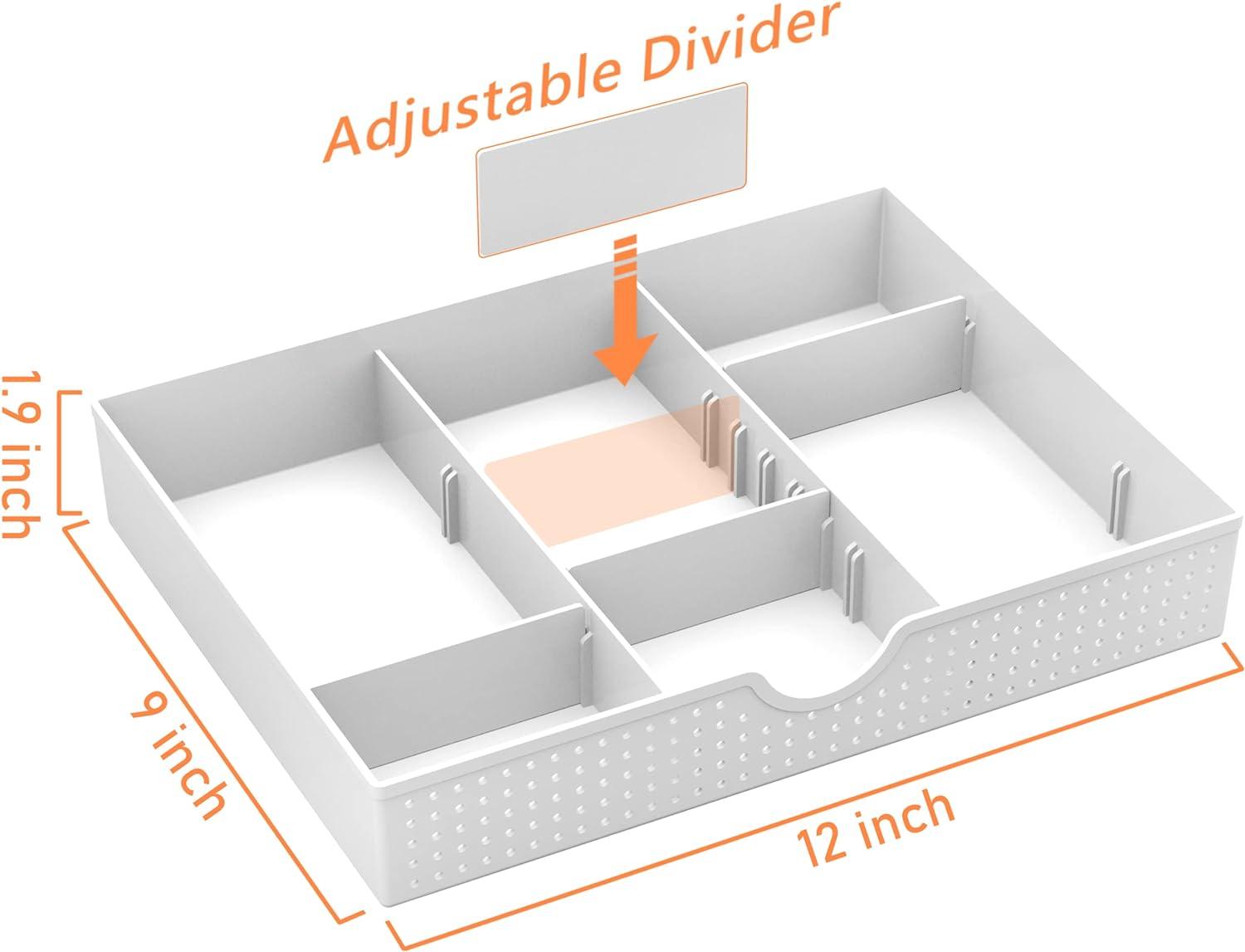 White Adjustable 5-Compartment Drawer Organizer for Office Supplies