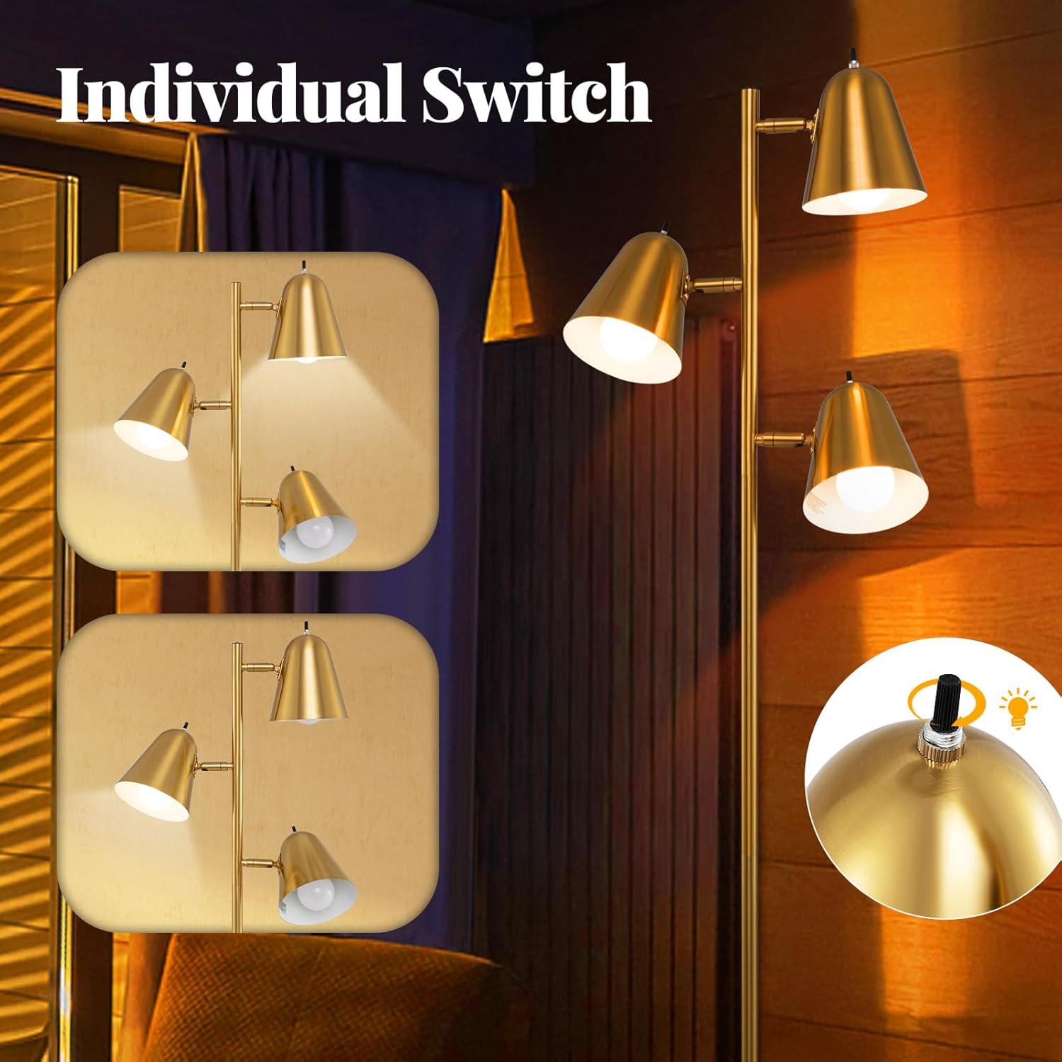 Tangkula 64" Mid Century Modern Floor Lamp 3 Light Tree, Standing Tall Pole Lamp w/ 3 LED Bulbs & Adjustable Heads (Antique Brass)