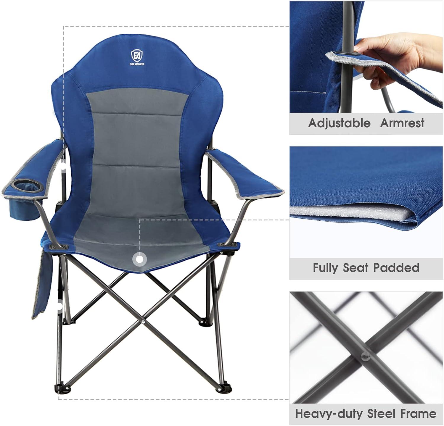 Blue and Gray Ergonomic Folding Camping Chairs with Arms, Set of 2