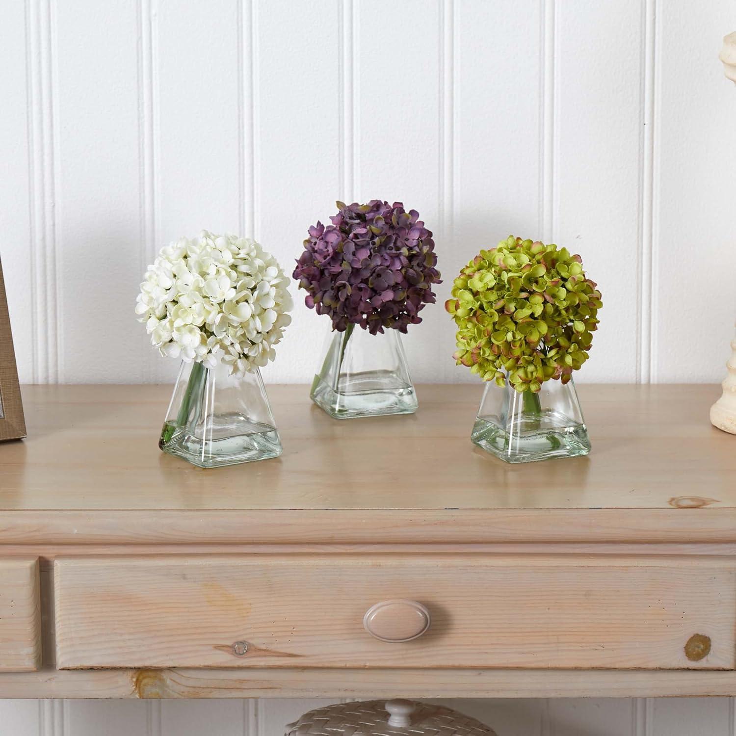 Set of 3 Multicolor Artificial Hydrangea Arrangements with Glass Vases