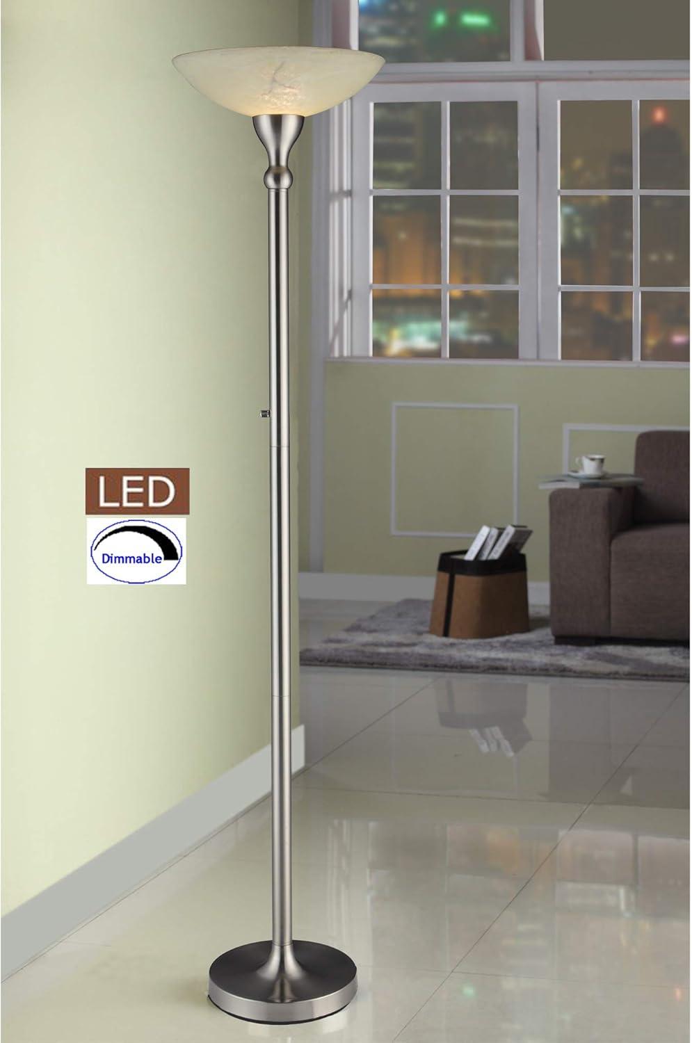 Satin Nickel 71" LED Torchiere Floor Lamp with Alabaster Shade