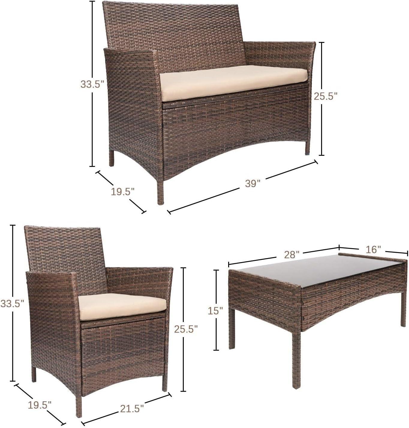 4-Piece Brown PE Rattan Wicker Patio Furniture Set with Beige Cushions