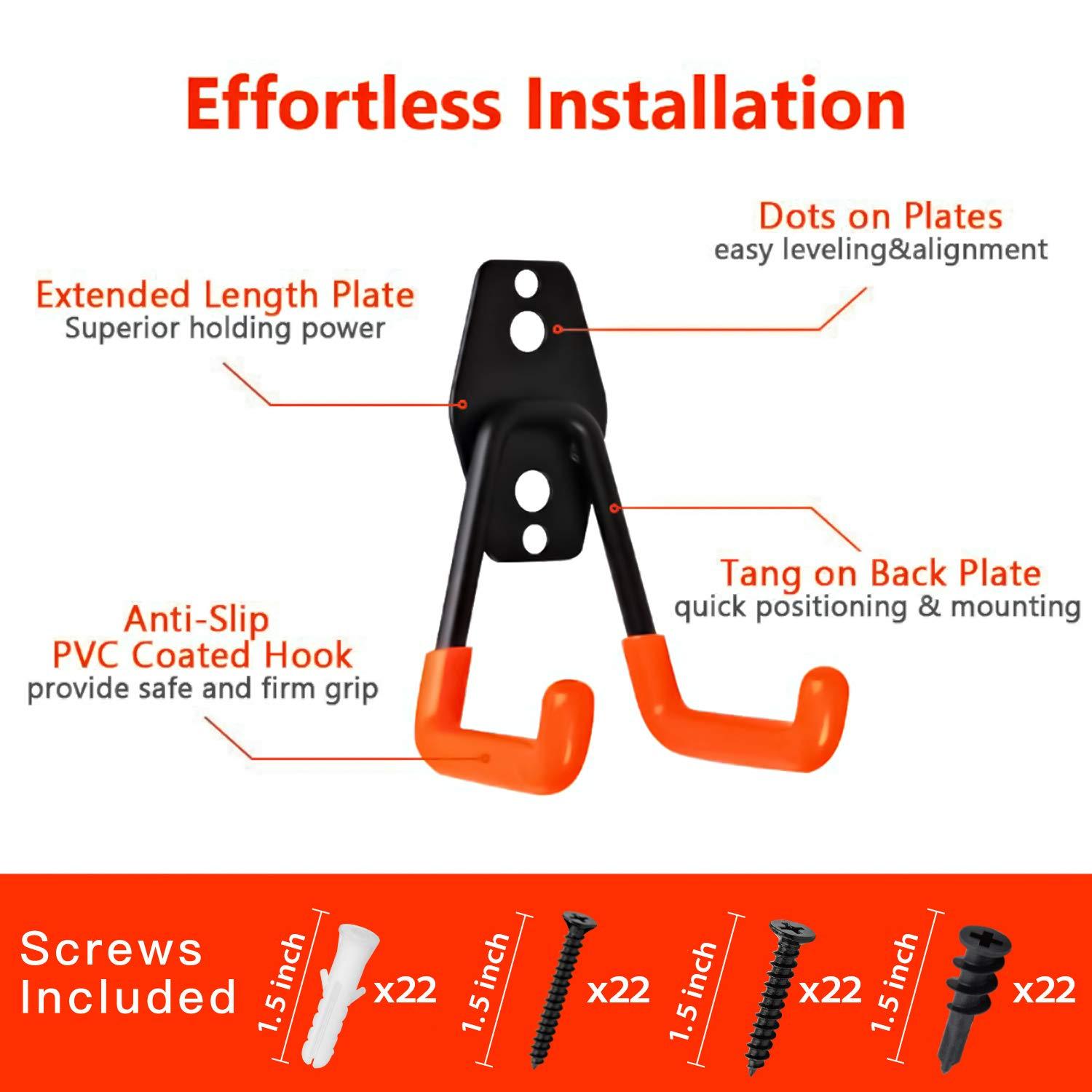 12 Pack Wall Storage Hooks with 2 Extension Cord Straps, Heavy Duty Tool Hangers for Utility Organizer, Wall Mount Holders for Garden Lawn Tools, Ladders Hanger