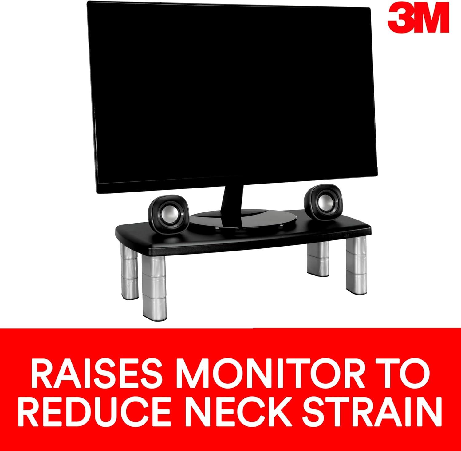 3M Extra Wide Adjustable Monitor Stand, Three Leg Segments Simply Adjust Height from 1" to 5 7/8", Sturdy Platform Holds Up to 40 lbs, 16-inch Space Between Columns for Storage, Silver/Black (MS90B)