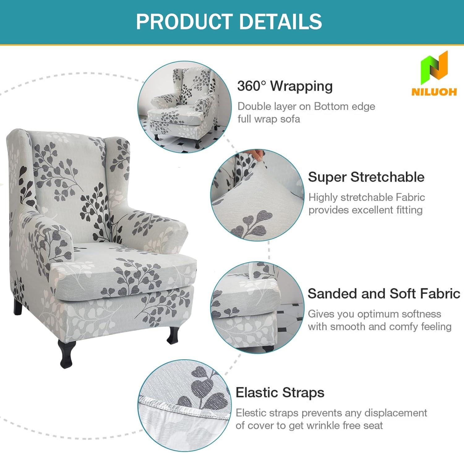 Gray Floral Stretch Wingback Chair Slipcover Set