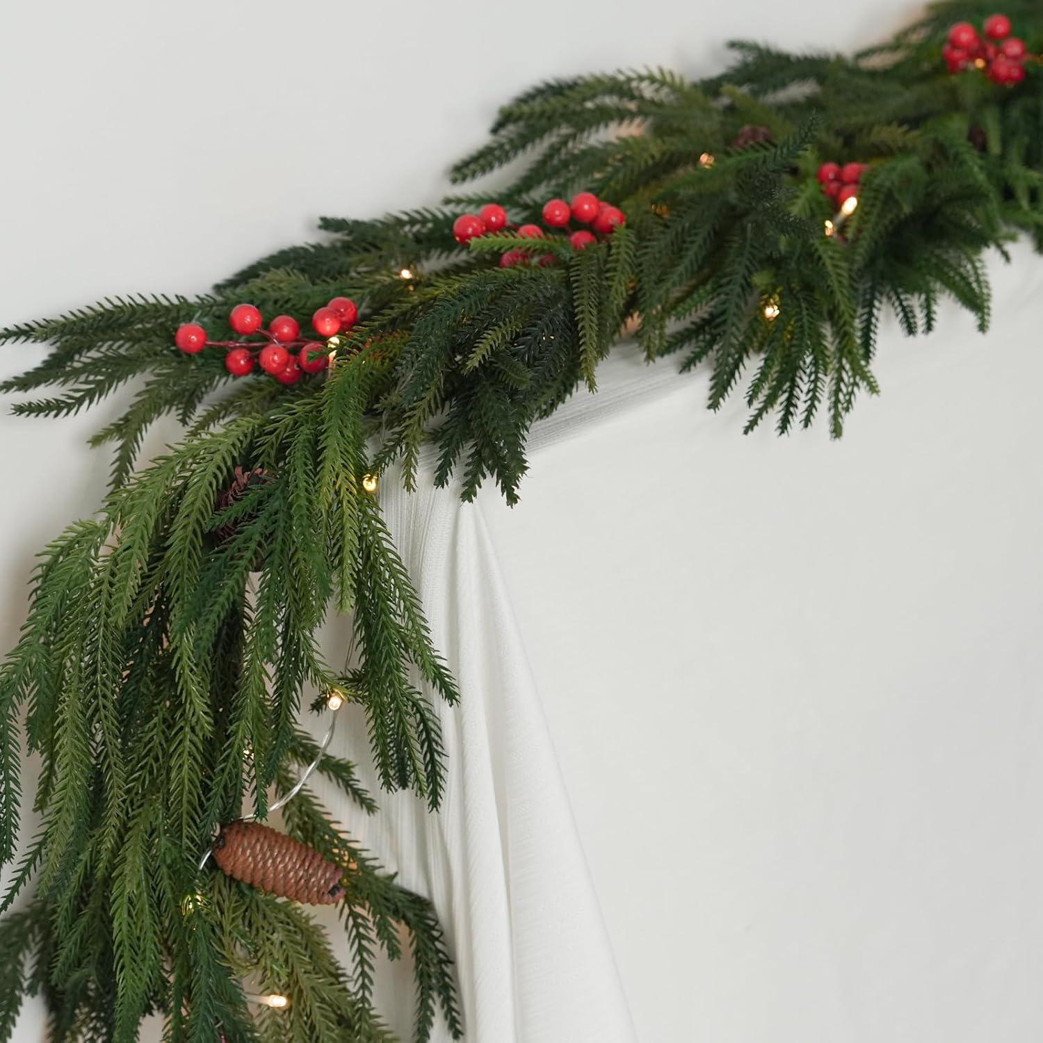 6FT Artificial Norfolk Pine Garlands, Real Touch Greenery Garland, Soft Bendable Garland Christmas Decorations, Greenery Garland for Table,Mantle, Wall, Indoor, Outdoor Thanksgiving Decorations