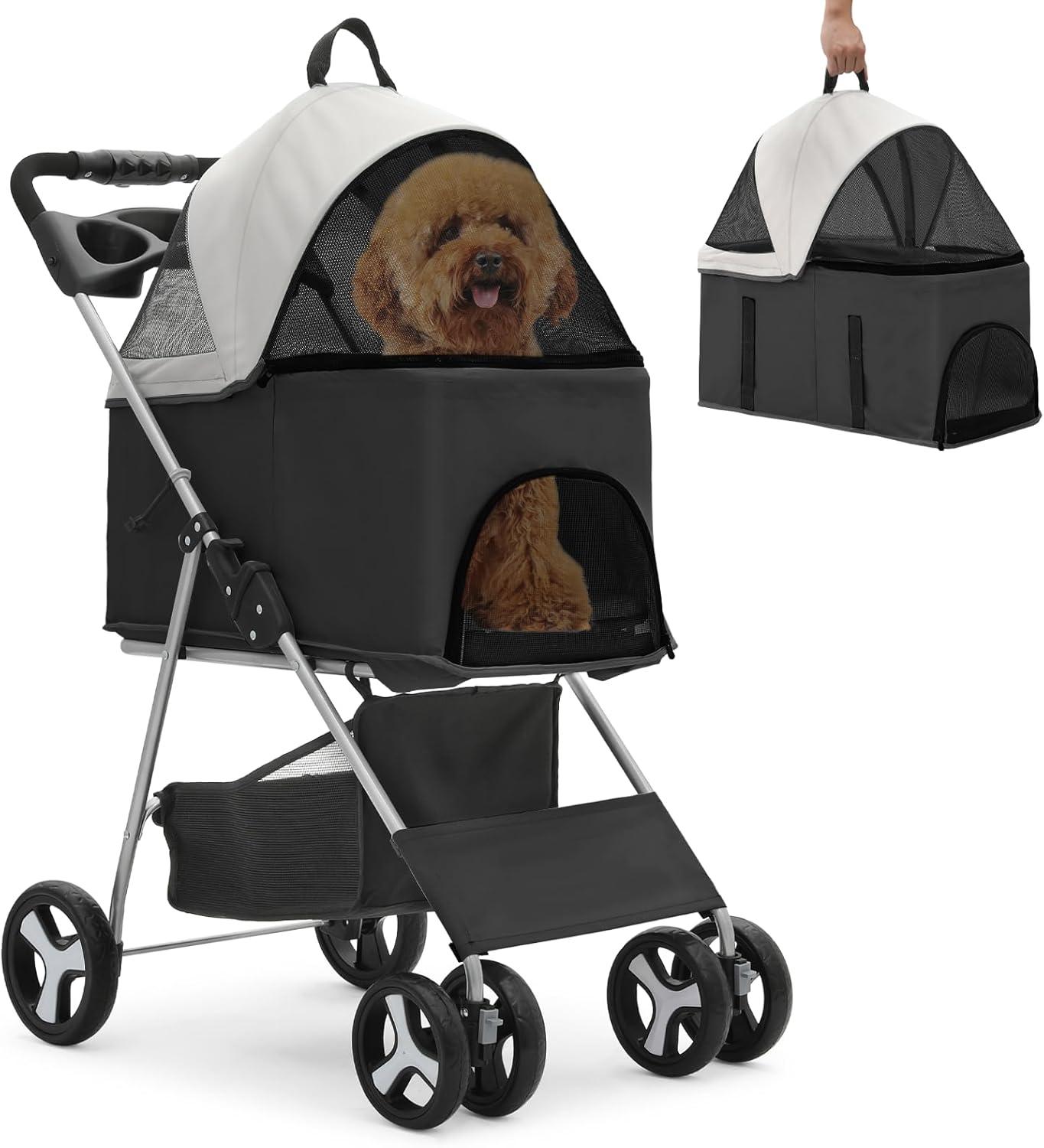 MoNiBloom Folding Pet Stroller, Foldable Dog Jogger Stroller with Detachable Carrier, Basket and Cup Holder