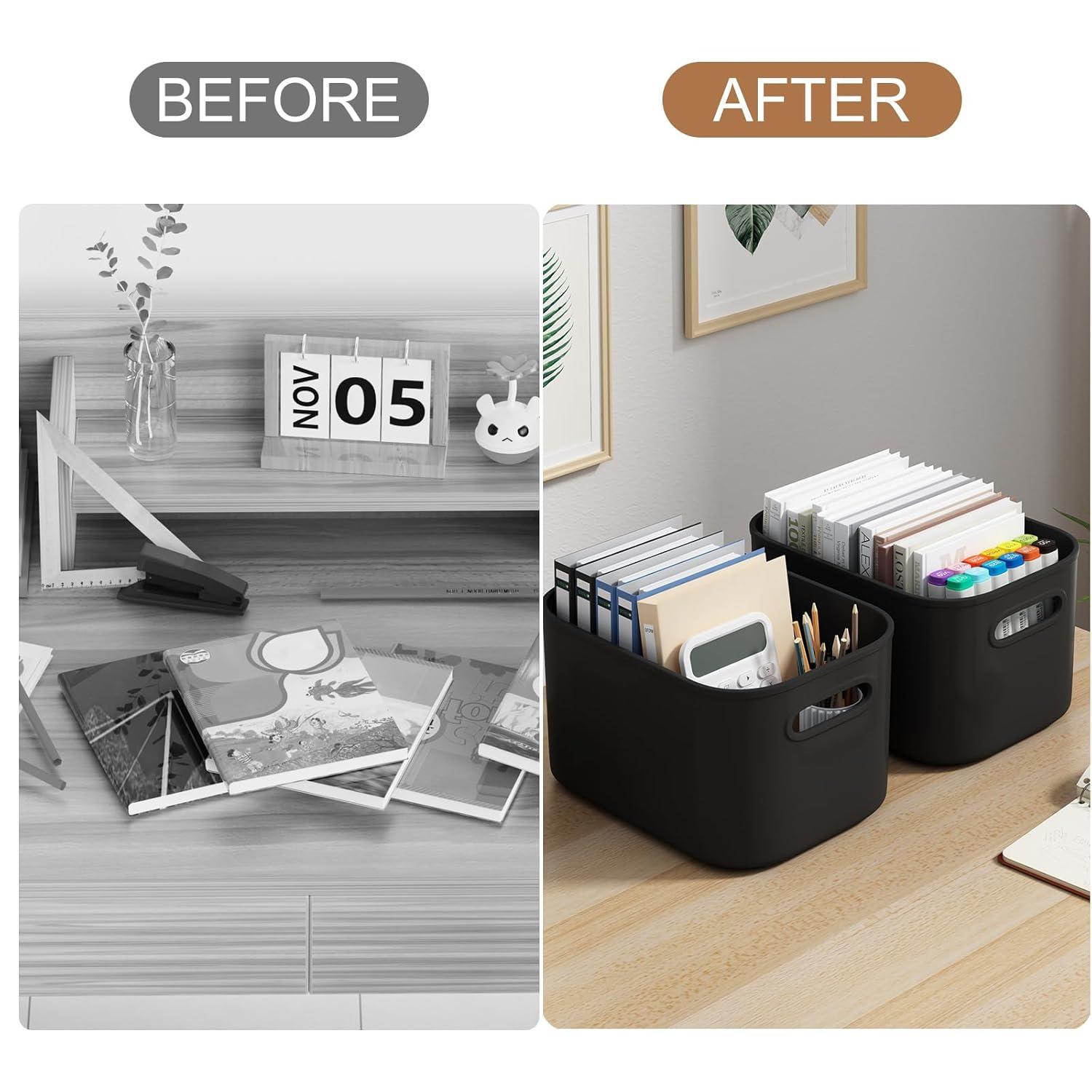 8 Pieces Colorful Storage Bins with Lid and Handle, Plastic Stackable Baskets Desktop Cube Box Cubby Bins Containers for Shelf Cabinet Bedroom Office (Multi-colored,14.2 x 10.2 x 9.5 Inch)