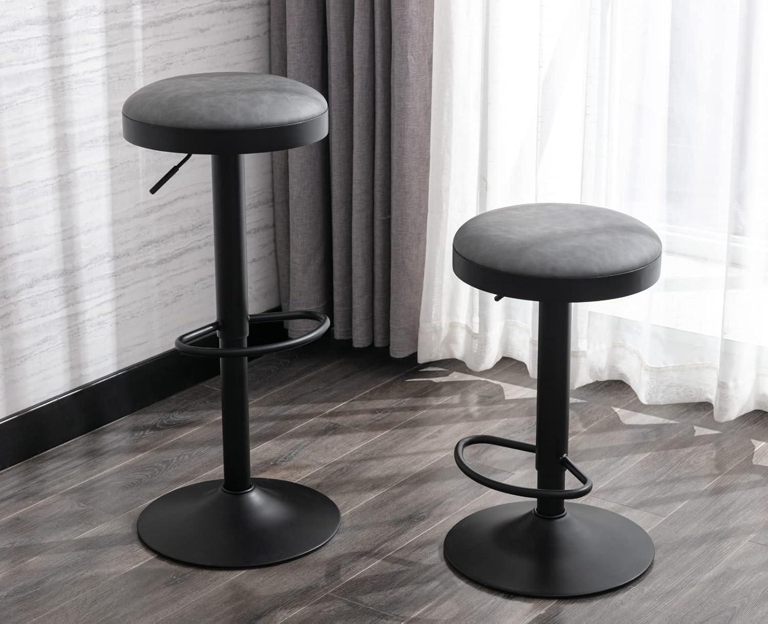 Adjustable Gray Leather and Metal Swivel Bar Stools