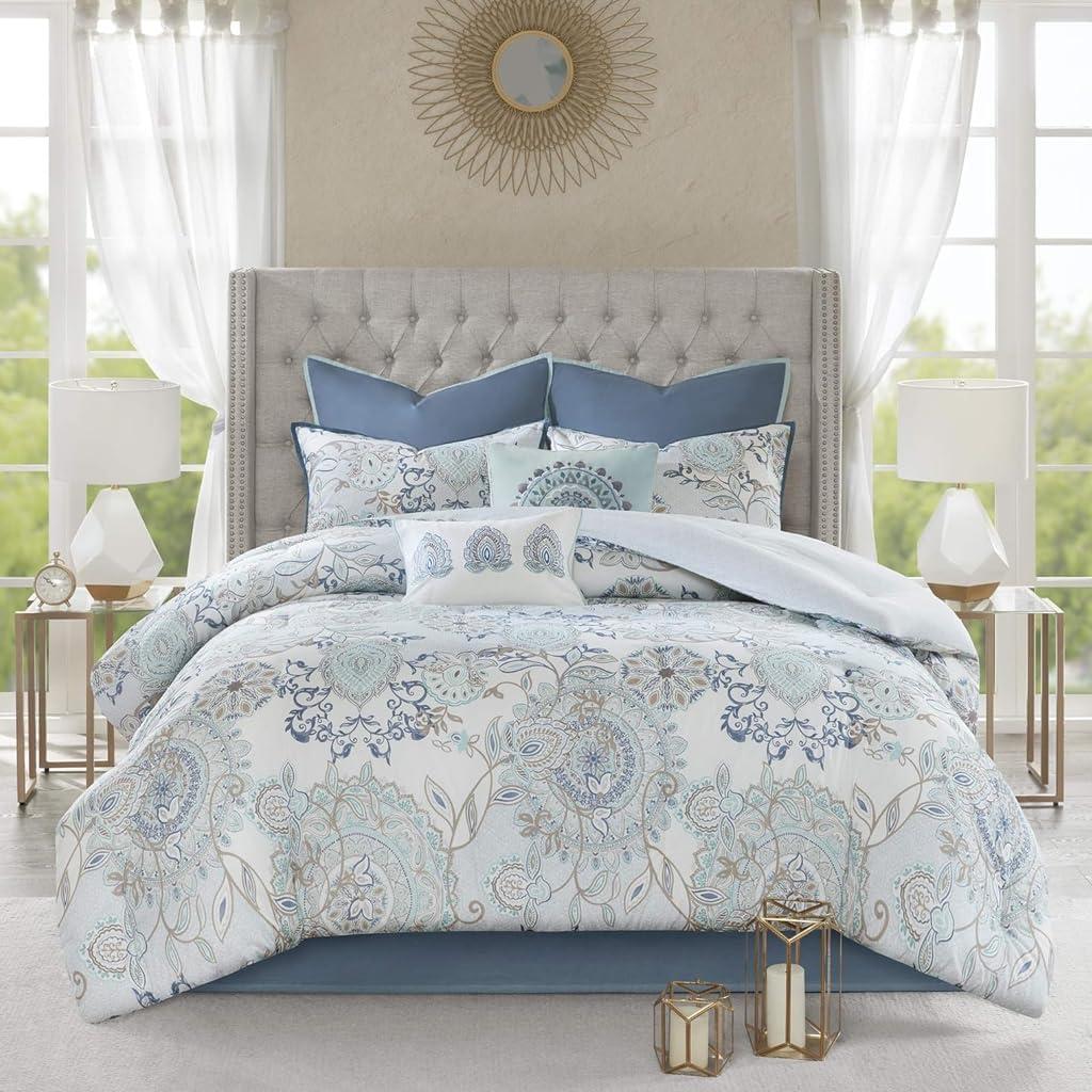 Madison Park 8pc King Lian Cotton Printed Reversible Comforter Set Blue: Percale Weave, OEKO-TEX Certified