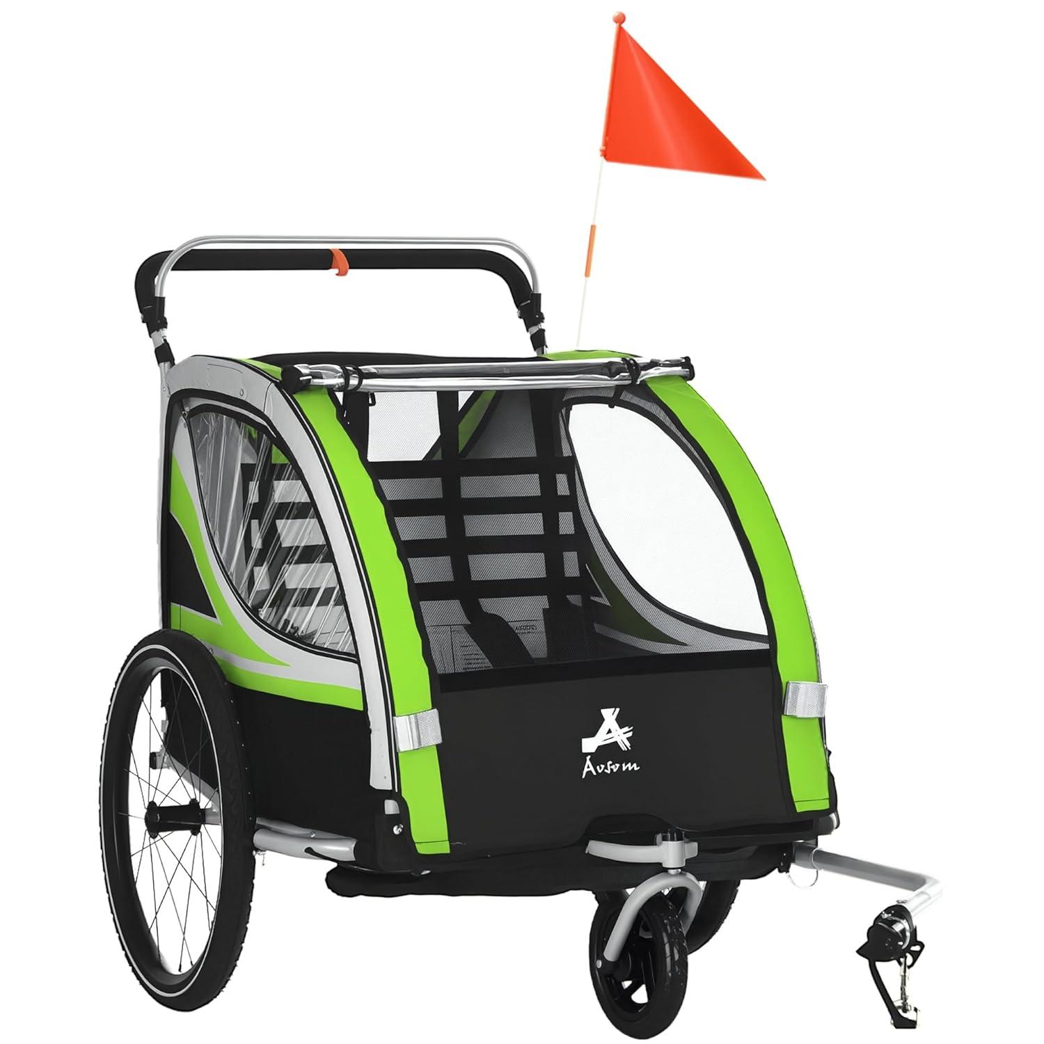 Aosom 2-in-1 Walk/Ride Child Baby Bike Trailer for Kids 2 Seater, High-Visibility Bike Stroller for Toddler Wagon, Weather-Strong Double Bicycle Trailer Accessory for Kids