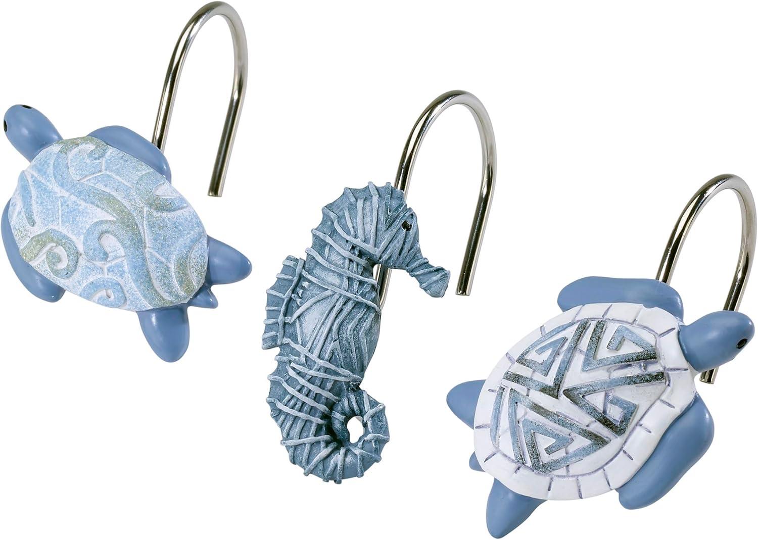 Hand-Painted Blue and White Resin Sea Life Shower Hooks Set