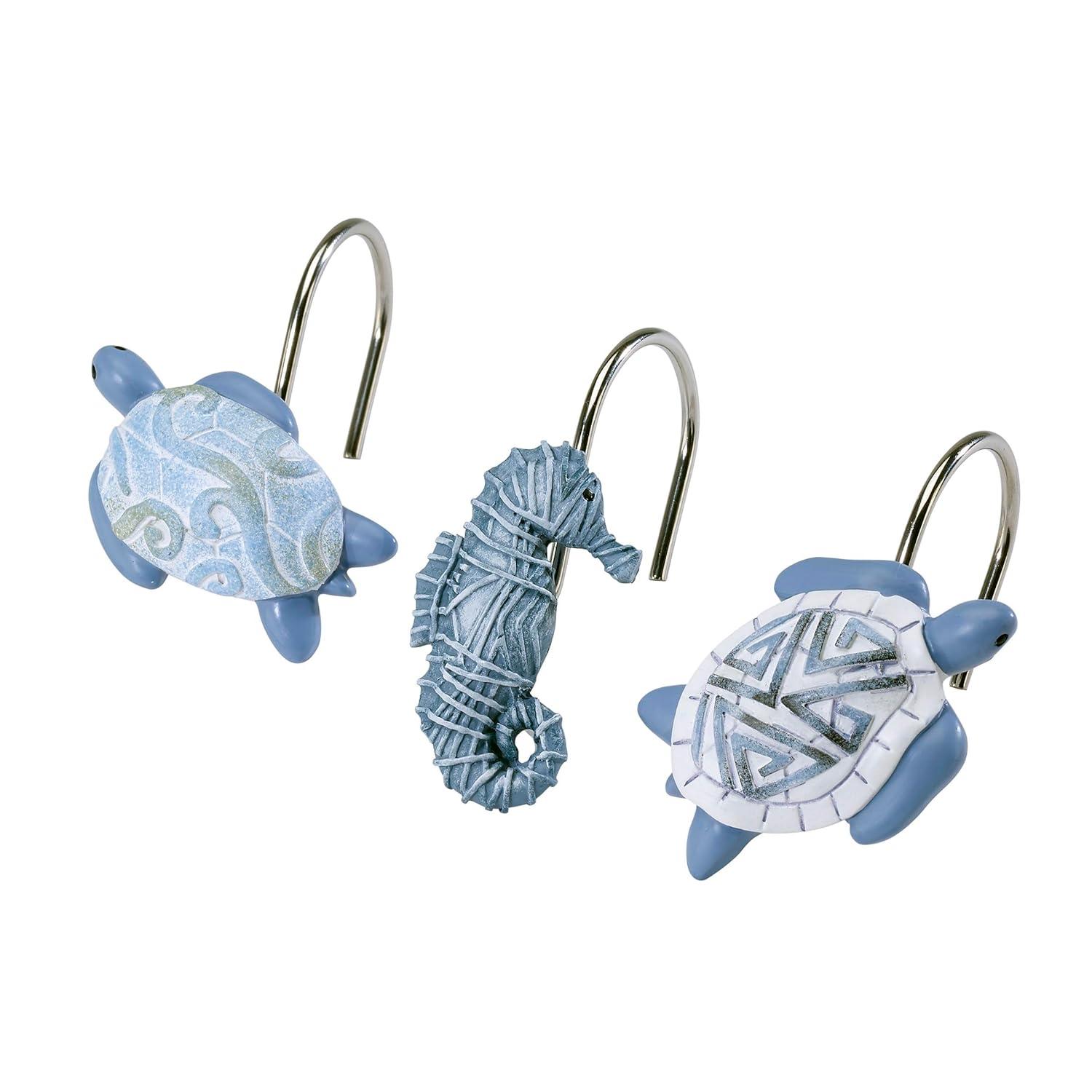 Hand-Painted Blue and White Resin Sea Life Shower Hooks Set