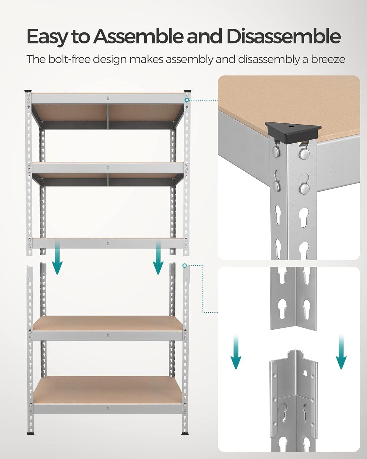 SONGMICS 5-Tier Storage Shelves Metal Garage Storage, Boltless Assembly Adjustable Shelving Unit 17.7 x 35.4 x 70.9 Inches, Load 1929 lb for Shed Warehouse Basement Kitchen Silver