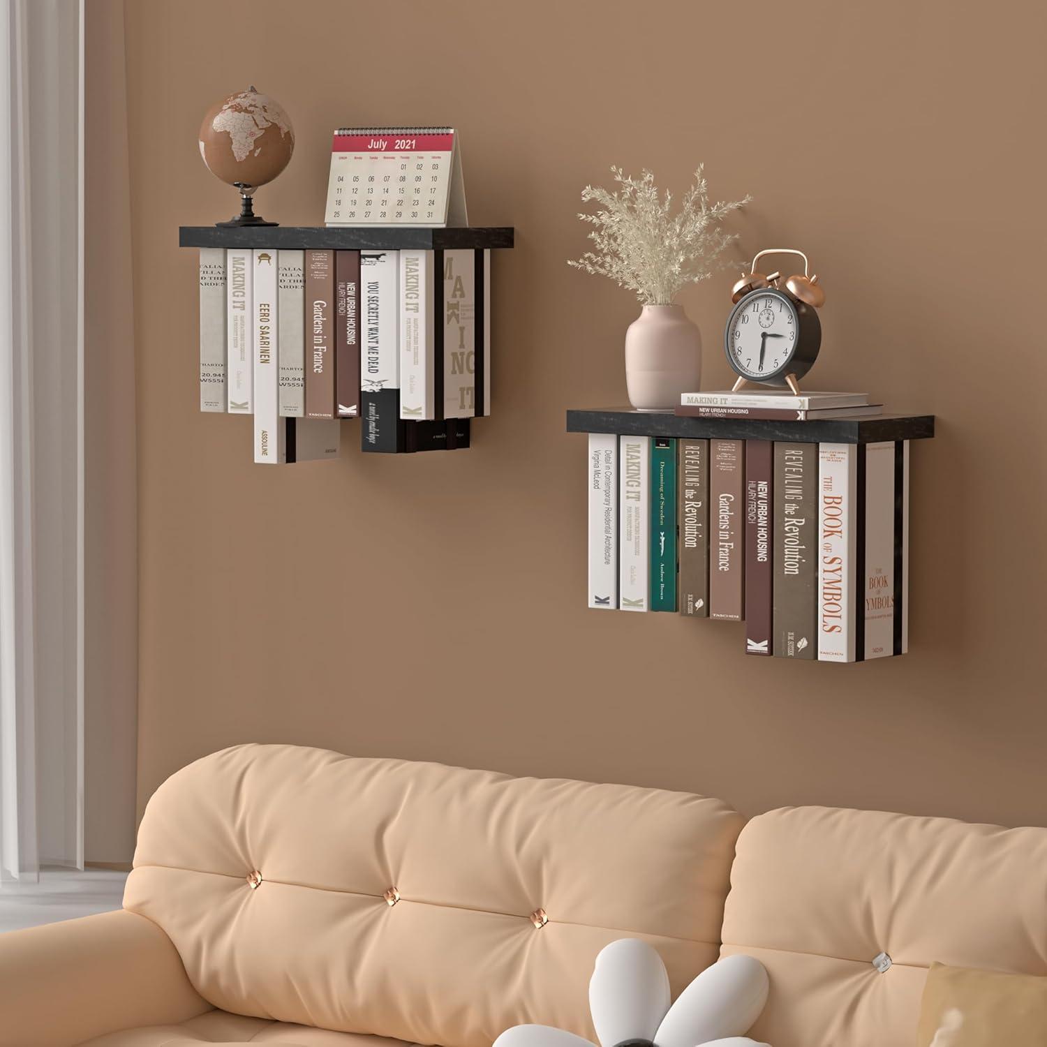 Floating Book Shelves for Wall Mounted Set of 2, Wood Hanging Bookshelf, Book Display Shelf for Wall, Unique Space Saving Book Shelf Wall Book Holder(Black)
