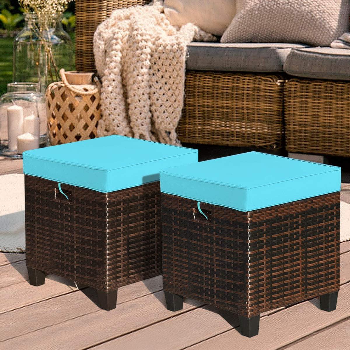 Costway 2PCS Patio Rattan Ottoman Cushioned Seat w/ Foot Rest Turquoise