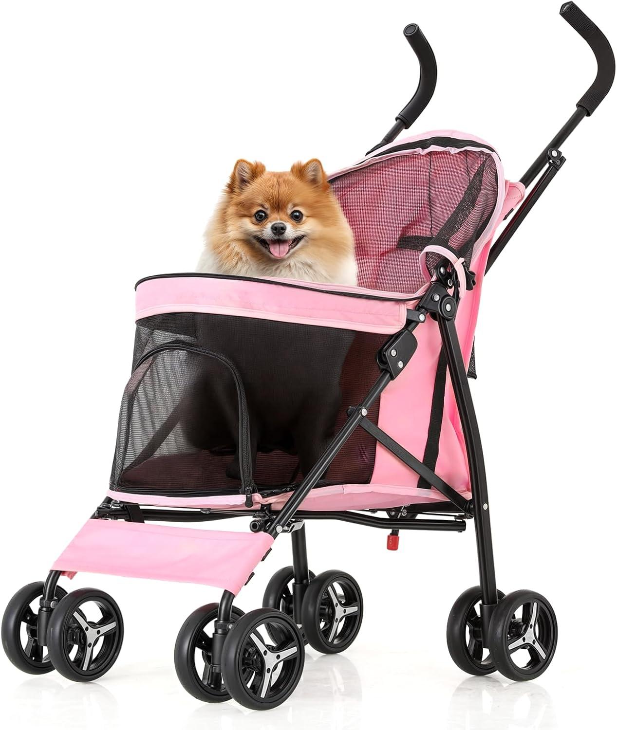 MoNiBloom Foldable Lightweight Dog Stroller for Small Medium Dogs, Pet Stroller,4 Wheel, Pink