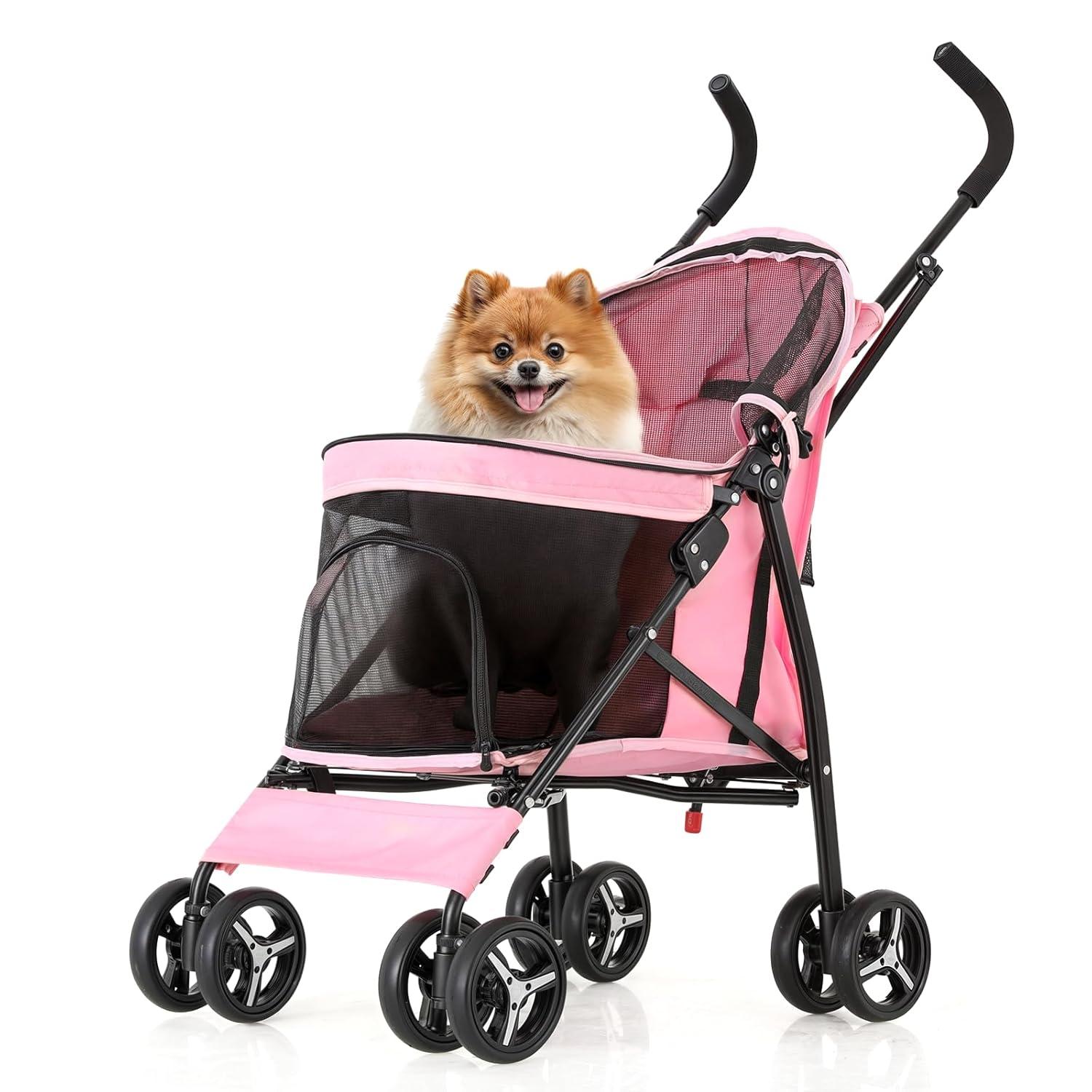 MoNiBloom Foldable Lightweight Dog Stroller for Small Medium Dogs, Pet Stroller,4 Wheel, Pink