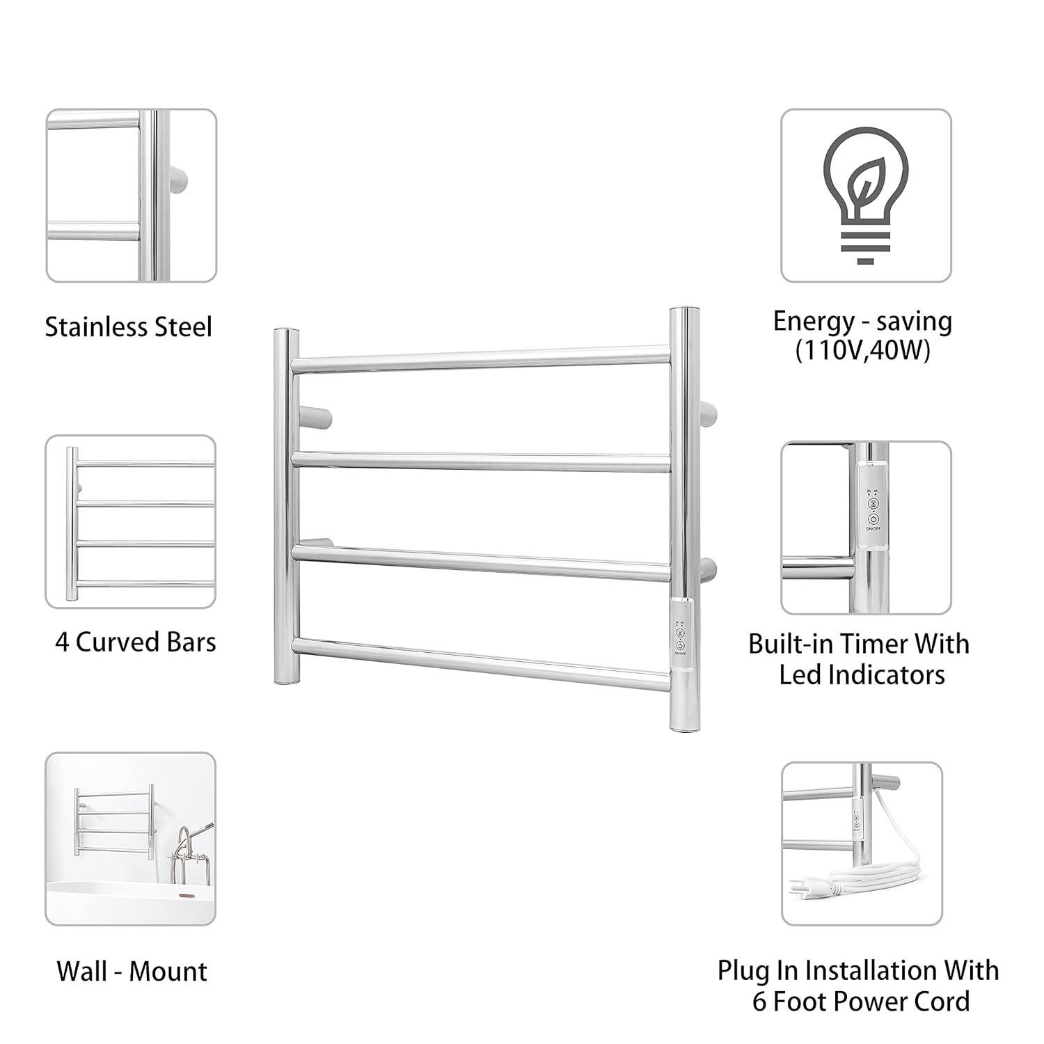KEG Towel Warmer Wall Mounted with Built-in Timer 4 Bars Electric Stainless Steel Heated Towel Racks for Bathroom, Hot Plug-in Bath Towel Heater Polish Chrome