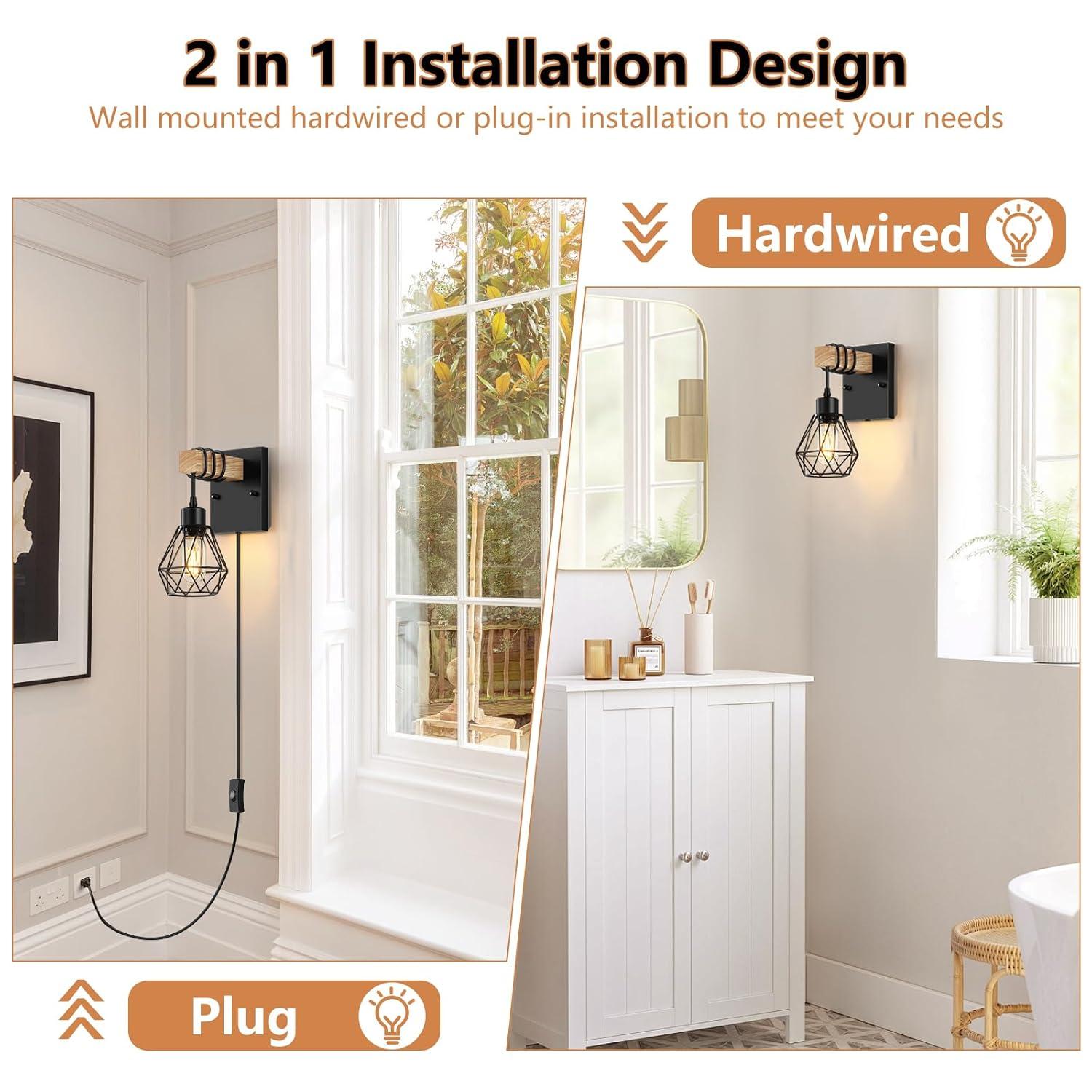 Plug in Wall Sconces Set of 2 with 6 FT On/Off Switch Cord, Wall Light Fixtures Black Industrial Farmhouse Indoor Wall Latern For Bedroom Living Room