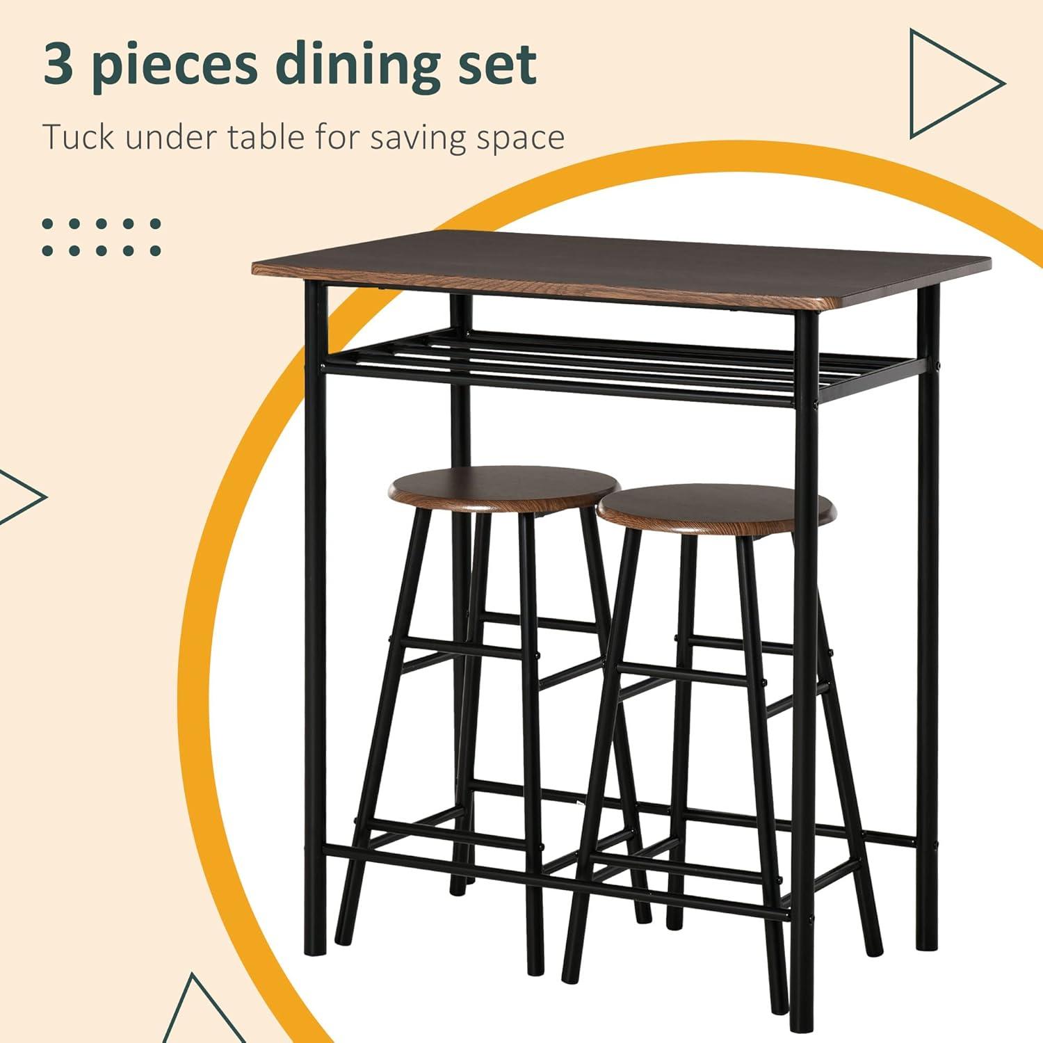 HOMCOM 3 Piece Counter Height Bar Table and Chairs Set, Space Saving Dining Table with 2 Matching Stools, Storage Shelf Metal Frame Footrest, Black