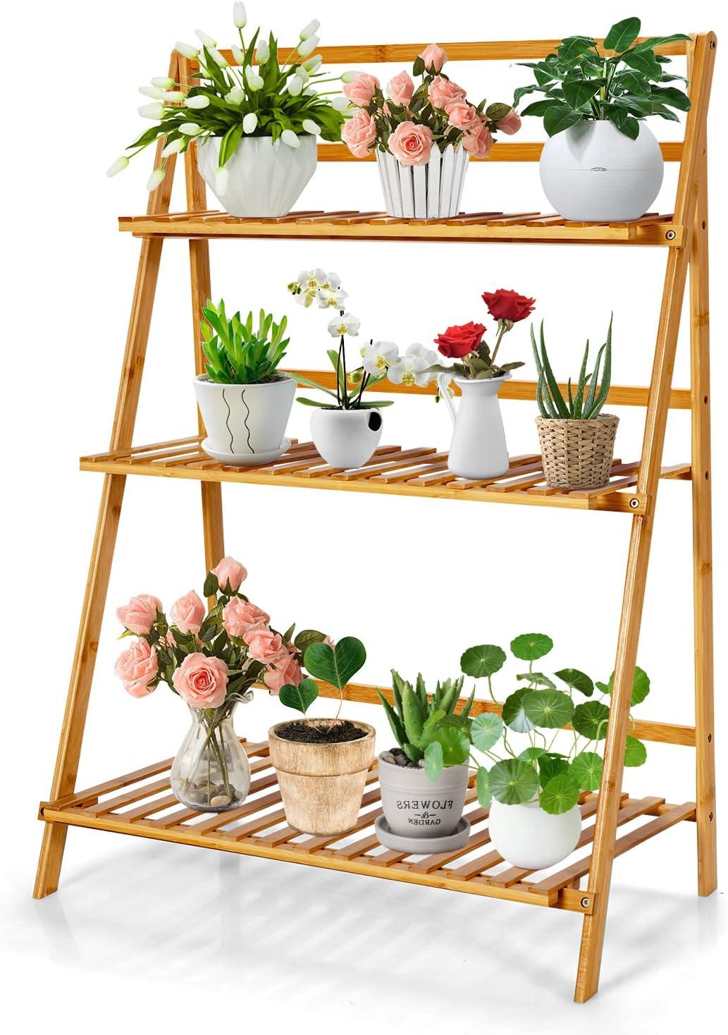 Costway Bamboo Ladder Plant Stand 3-Tier Foldable Flower Pot Display Shelf Rack Natural