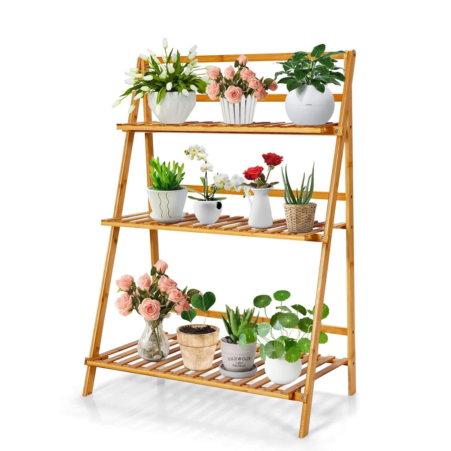 Costway Bamboo Ladder Plant Stand 3-Tier Foldable Flower Pot Display Shelf Rack Natural
