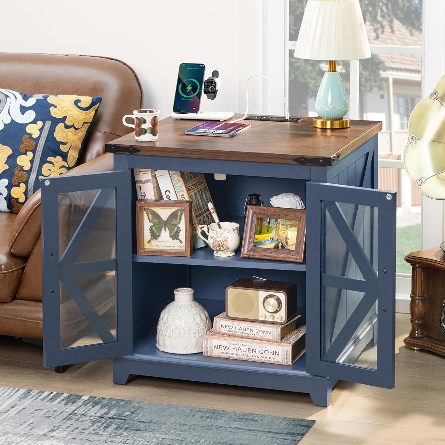 Blue Farmhouse Wood and Glass End Table with Storage