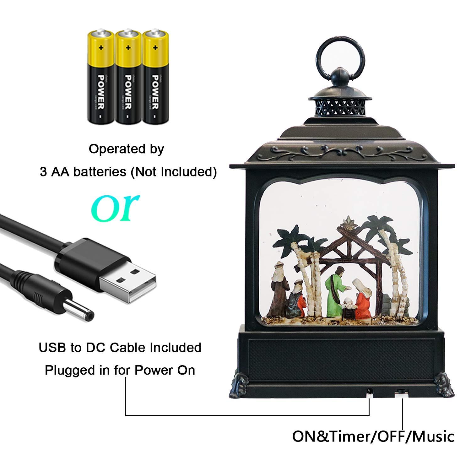 Eldnacele Musical Snow Globe Lantern with Timer, Lighted USB/Battery Operated Swirling Singing Water Glittering Lantern, Snow Globes for Adults and Kids Christmas Decoration - Nativity