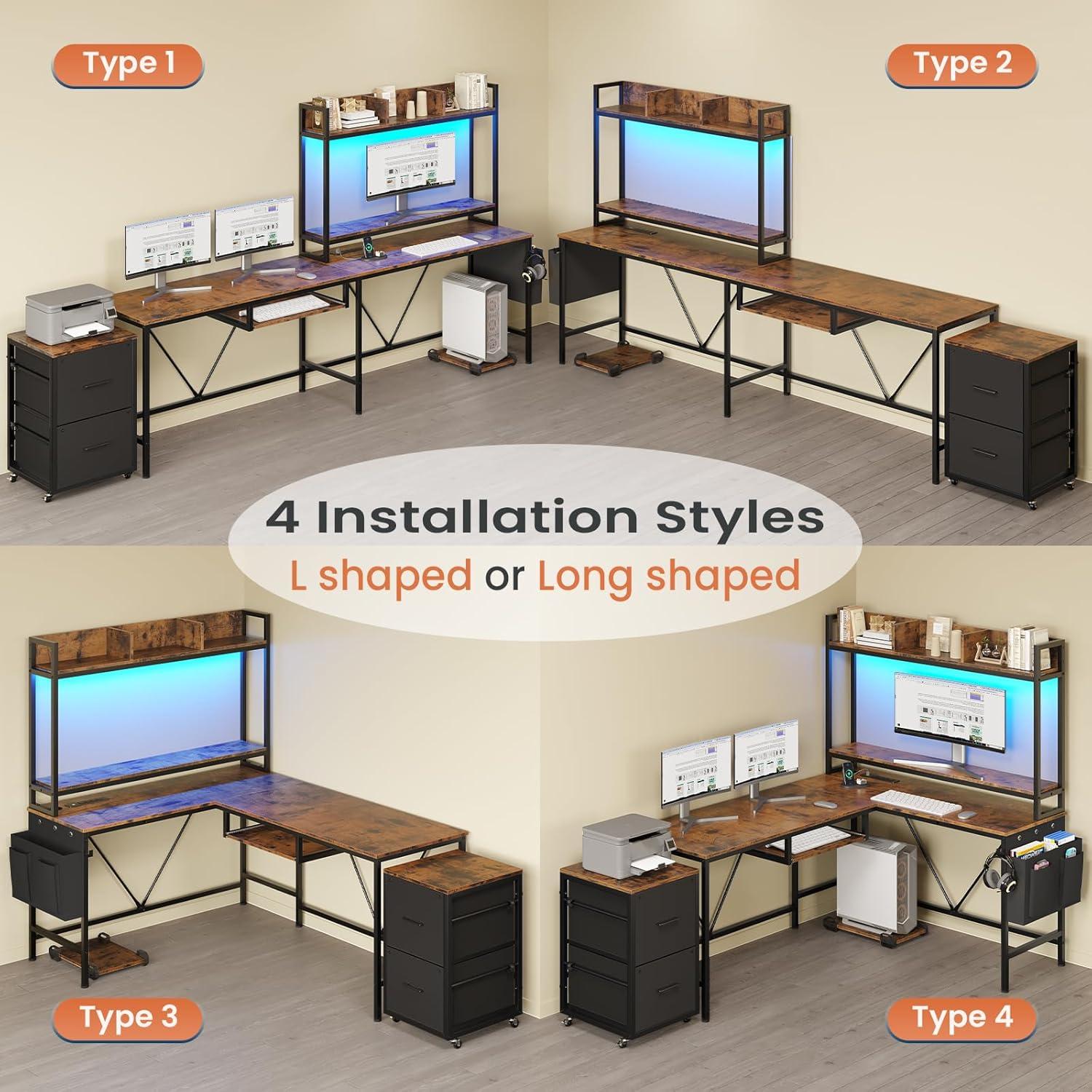 Rustic Brown L-Shaped Gaming Desk with Power Outlet and Storage