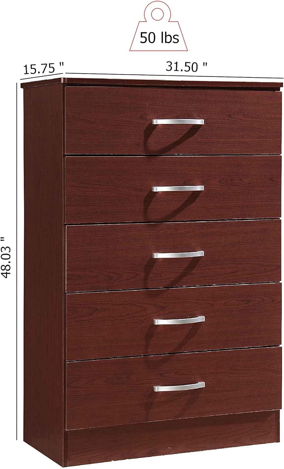 Mahogany 5-Drawer Vertical Chest with Metal Handles