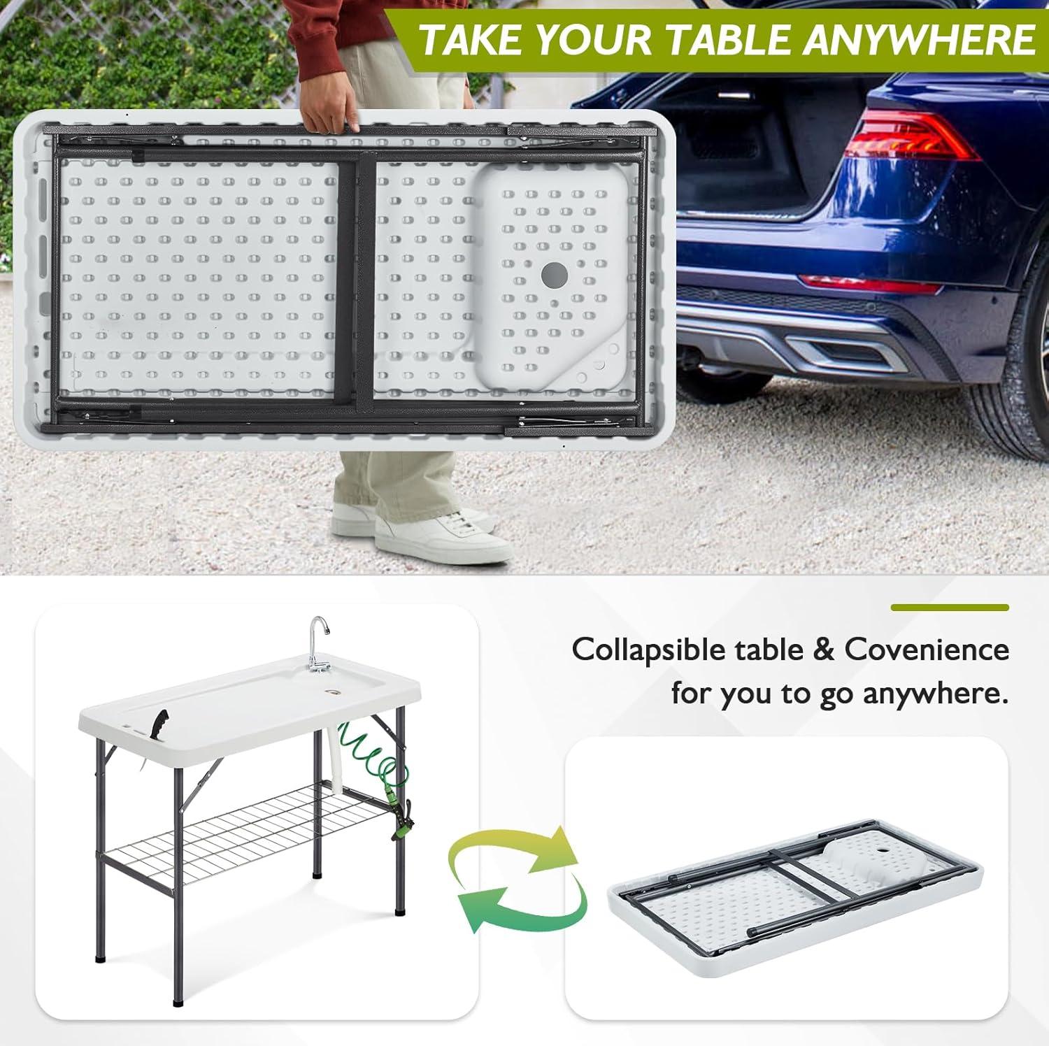 Folding Fish Cleaning Table Portable Camping Sink Table with Faucet Drainage Hose & Sprayer Outdoor Fish Fillet Cleaning Station with Grid Rack & Knife Groove for Picnic Fishing, Grey