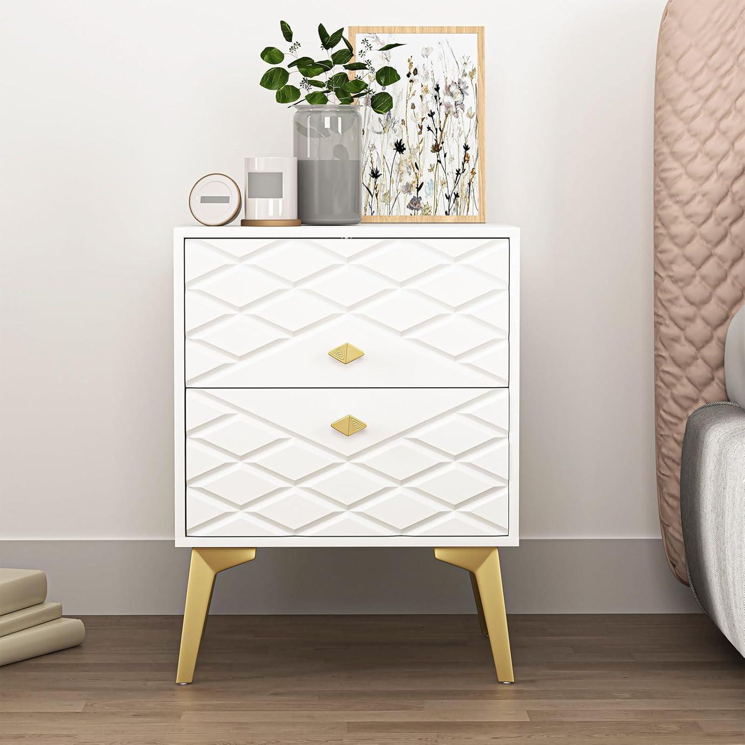 White and Gold Nightstand Set of 2,Modern Bedside Table with 2 Drawer for Bedroom,End Side Table with Gold Legs for Living Room,White Night Stand Set 2 for Bedroom