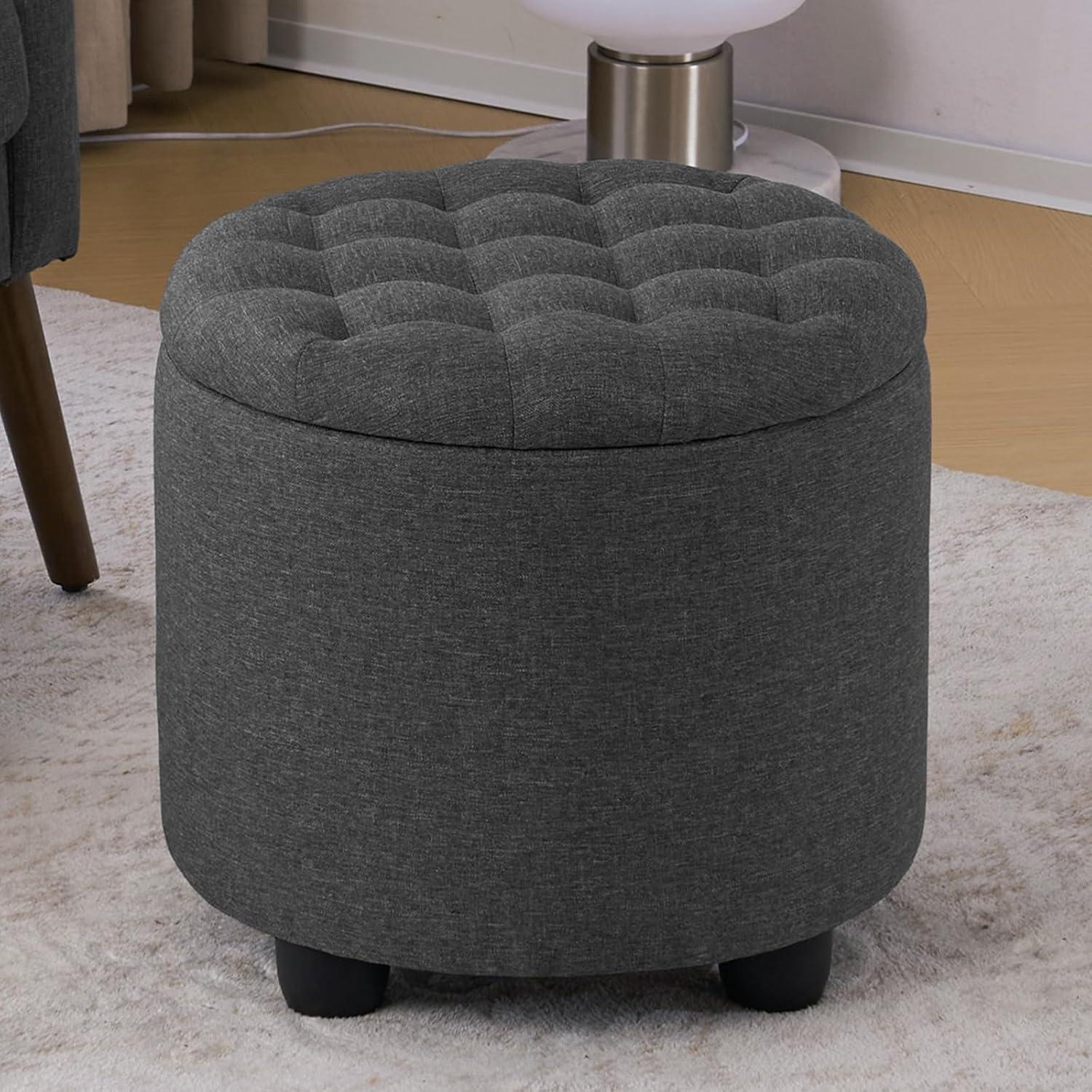 Furniliving Modern Upholstered Round Storage Ottoman Linen Footrest Stool Ottoman Bench, DarkGray