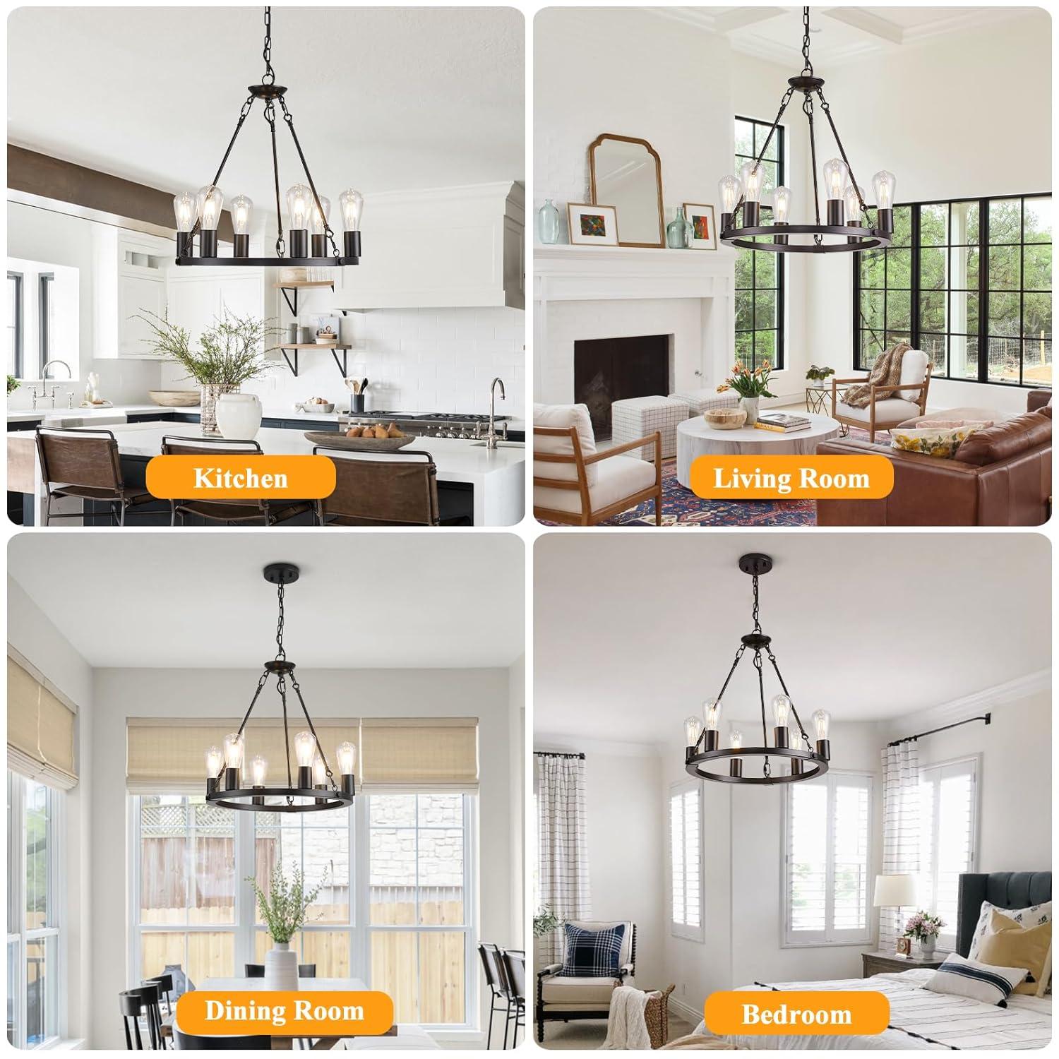 Farmhouse 6 Lights Black Wagon Wheel Chandelier,Modern Vintage Round Pendant Light Fixture for Dining Room,Living Room, Entryway Foyer Kitchen Island, E26