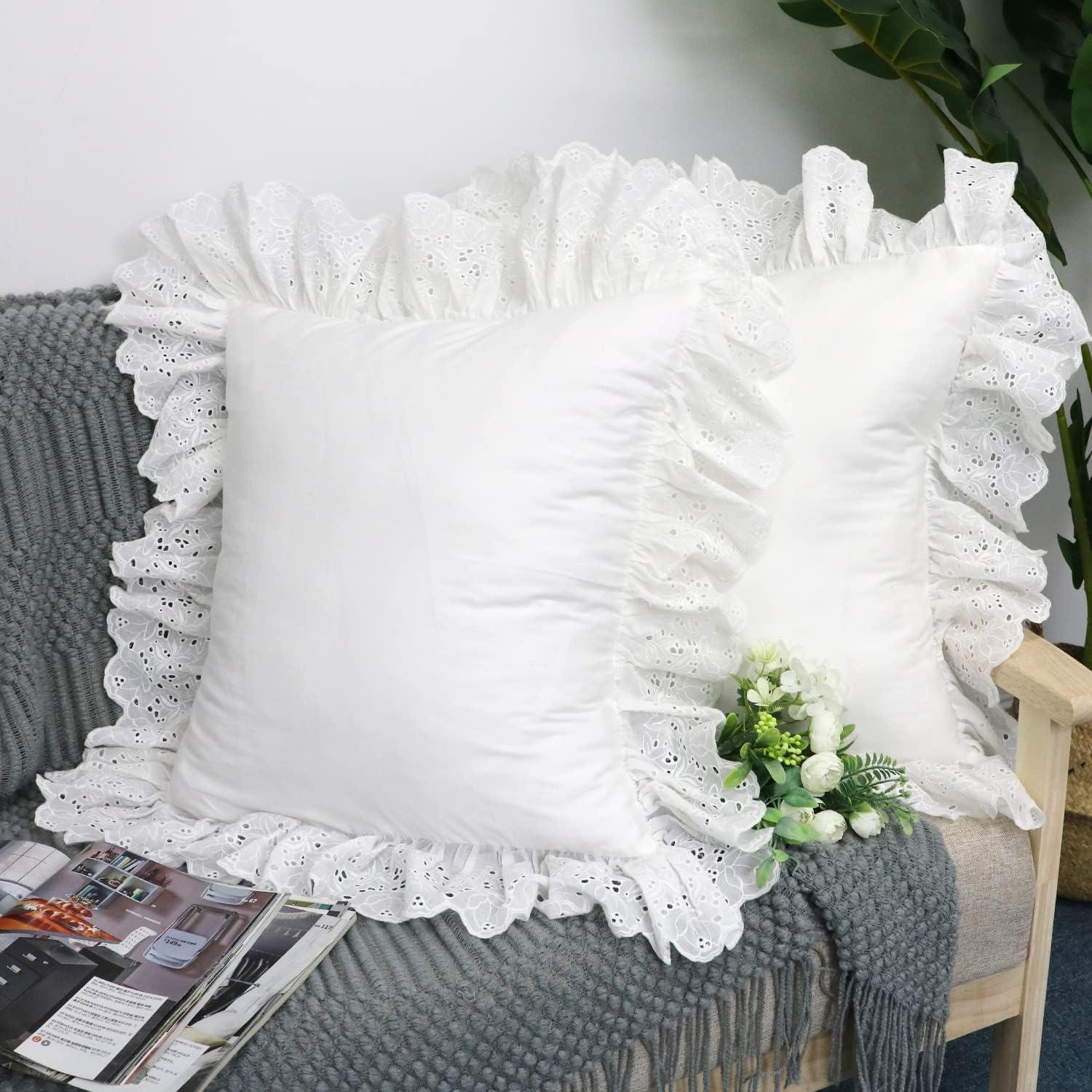 Lemfux Cotton Euro Shams with White Lace Ruffles, 26 x26 Inch, Set of 2,Rustic Farmhouse Lace Shabby Soft Breathable Bridal Pure White European, White Decorative Pillow Covers