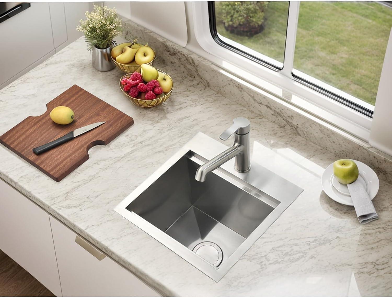 15-Inch Brushed Stainless Steel Square Bar Sink with Accessories