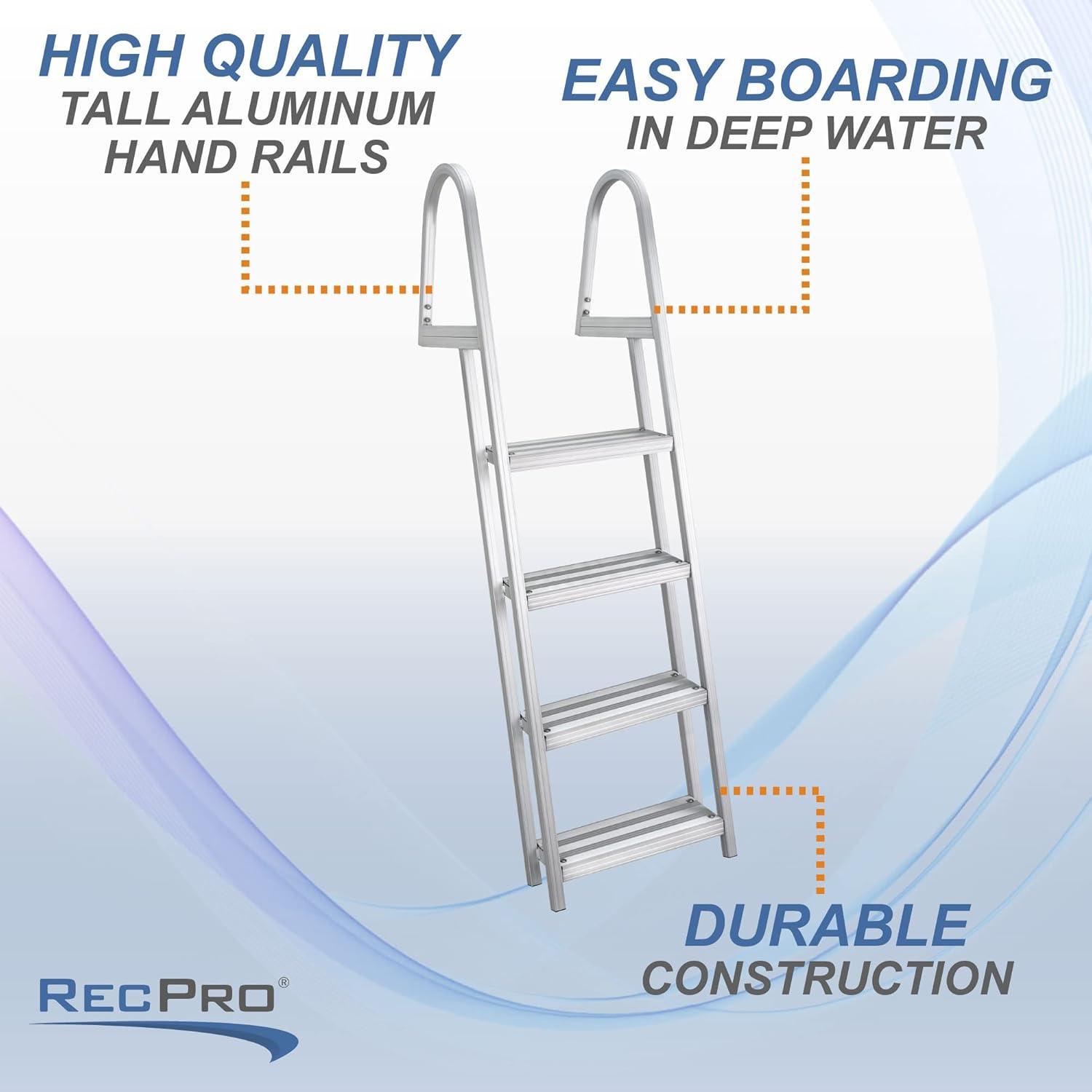 RecPro Marine Pontoon Boat Dock Heavy Duty Aluminum 4 Step Removable Boarding Ladder AL-A4…