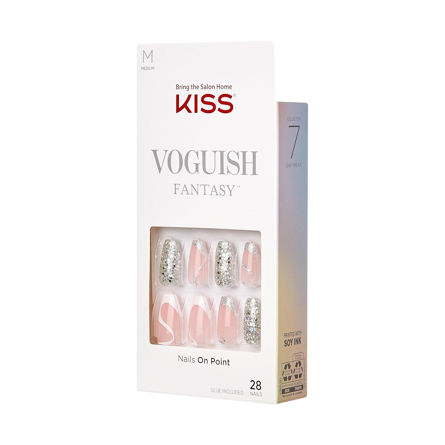 KISS Voguish Fantasy, Press On Nails, Fashspiration, Silver, Medium Coffin, 28 Count