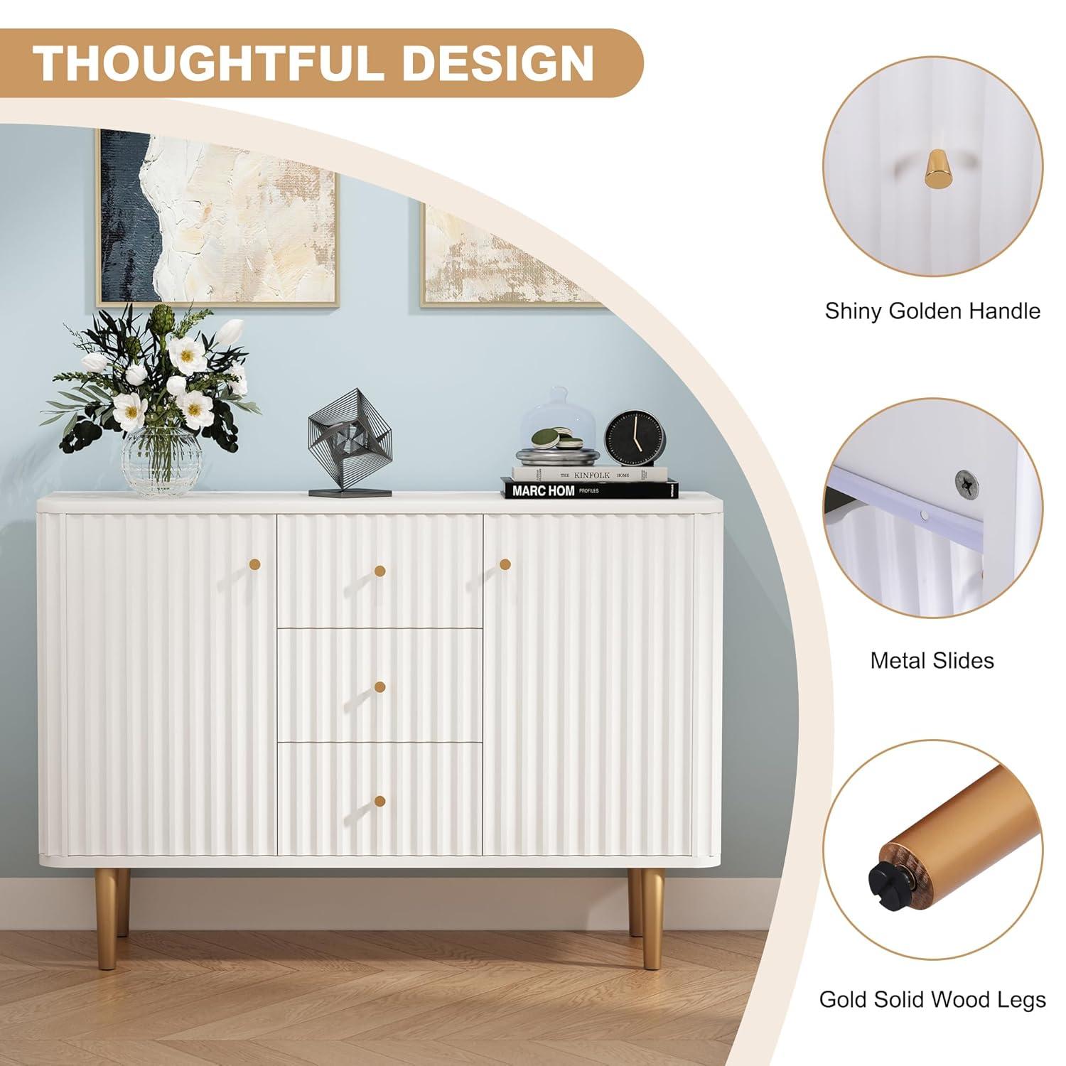 Lunale 48" 3-Door Storage Buffet Cabinet, Cabinet with Vertical Stripes Design Doors and Metal Handles for Living Room, White