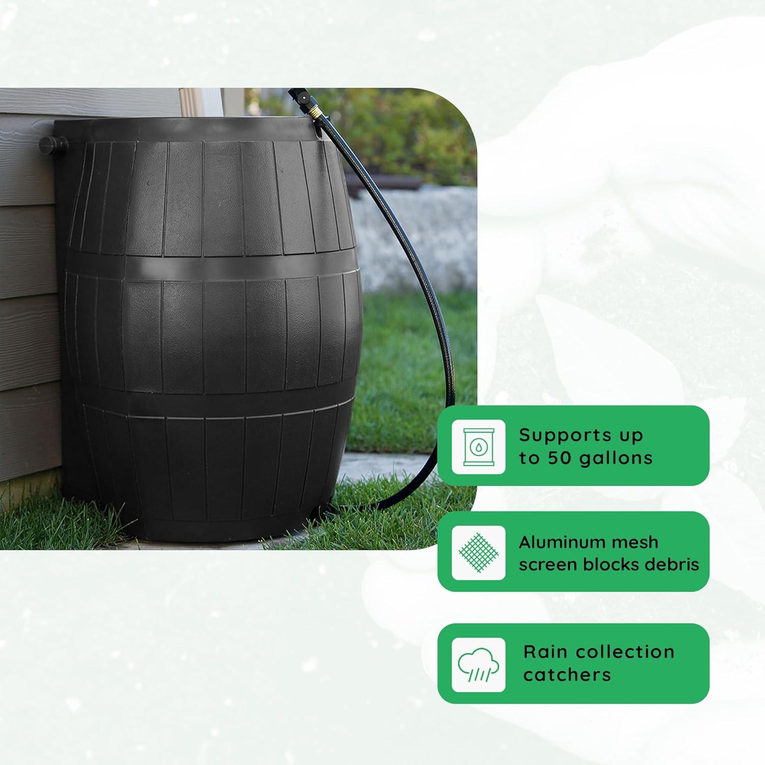 FCMP Outdoor RC4000-BLK 50 Gallon Flat Back Outdoor Home Rain Catcher Water Storage Collection Barrel for Watering Outdoor Plants and Gardens, Black