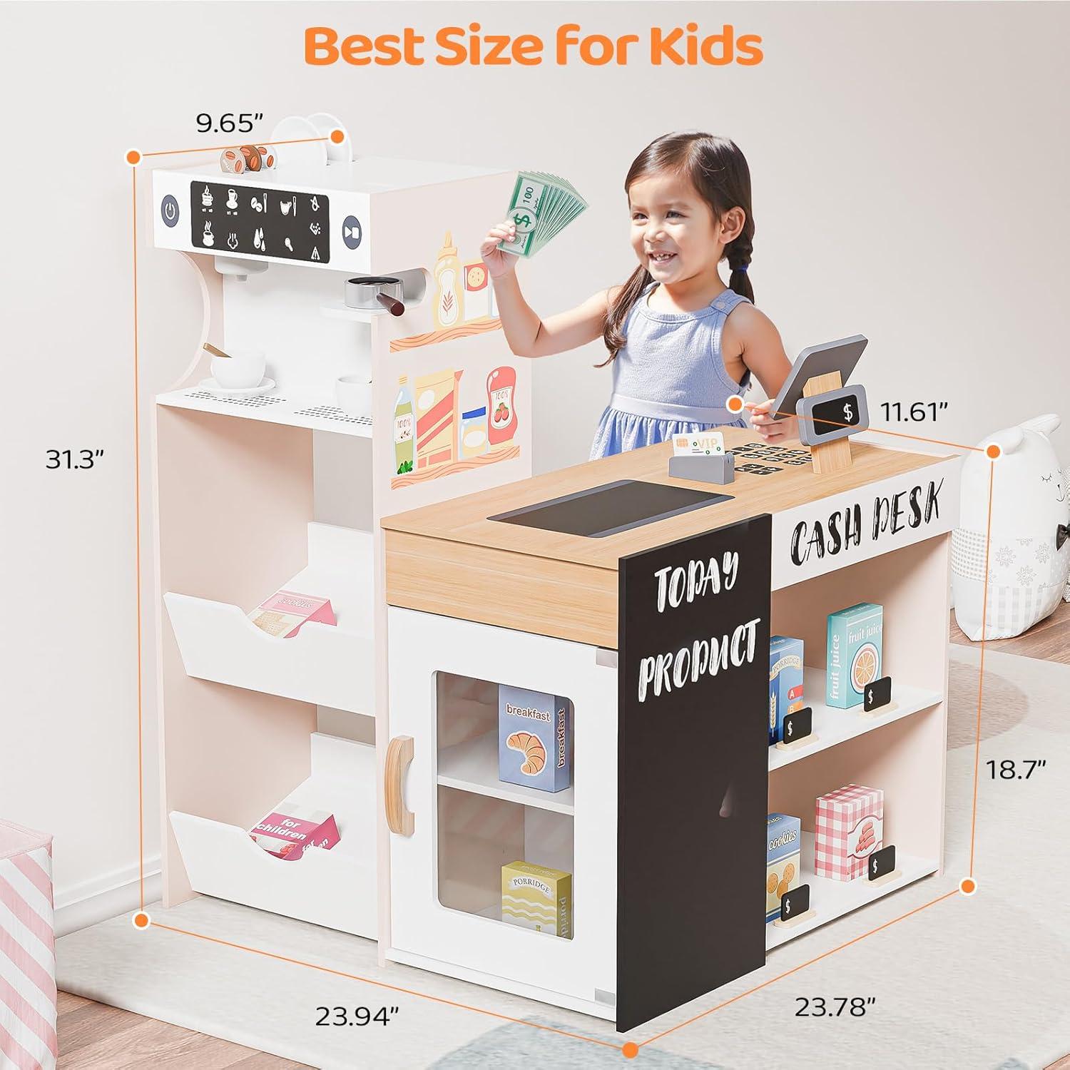 JOYMOR Grocery Store Pretend Play, Interactive Wooden Supermarket Toy Playset w/Vending Coffee Machine, Selling & Shopping Accessories 2-in-1, Toddler Play Store Perfect for Christmas Birthday Gifts
