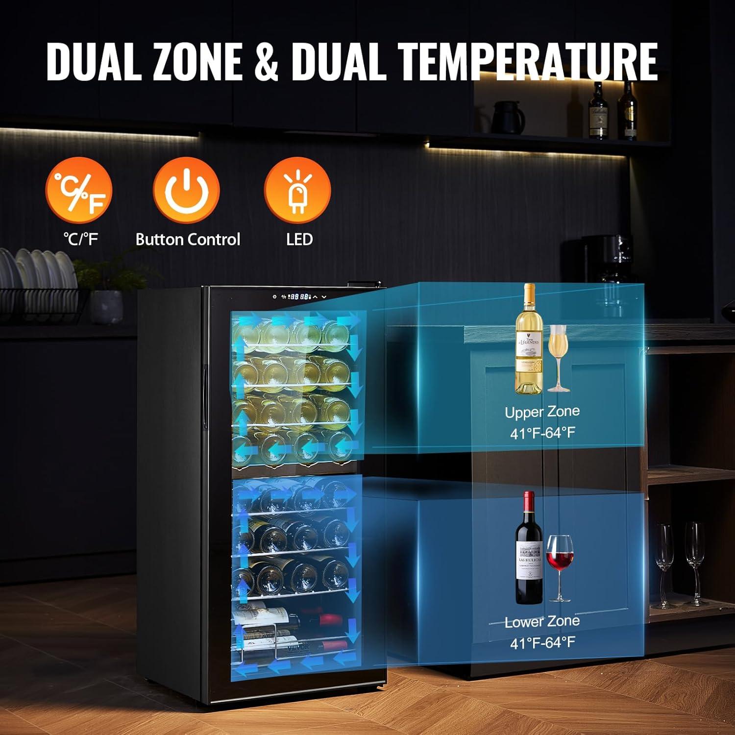 32-Bottle Black Dual Zone Freestanding Wine Cooler with Glass Door