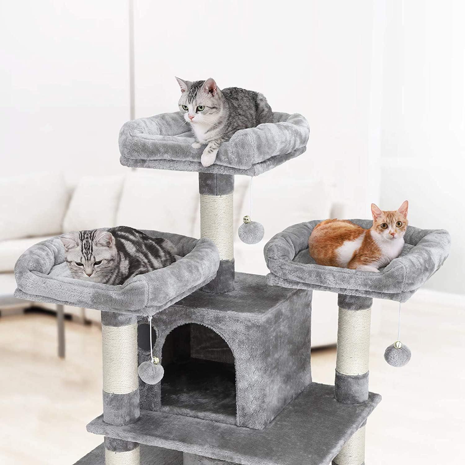 FEANDREA 67-Inch Multi-Level Cat Tree for Large Cats with Cozy Perches Stable Light Gray