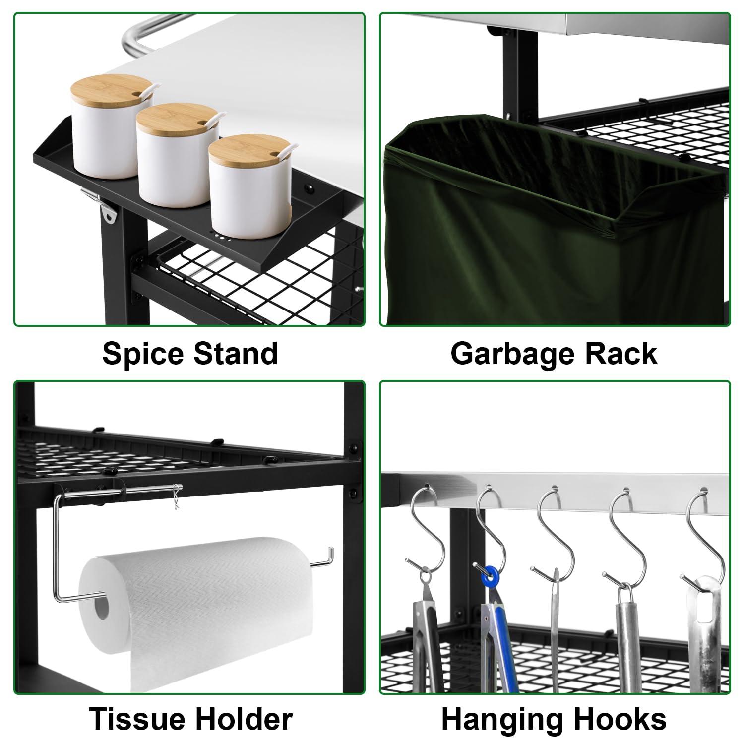 Werqueid Outdoor Grill Cart Table Pizza Oven Stand, Three-Shelf Stainless Steel Food Prep Table Patio BBQ Grill Table Bar Cart Kitchen Island with Wheels